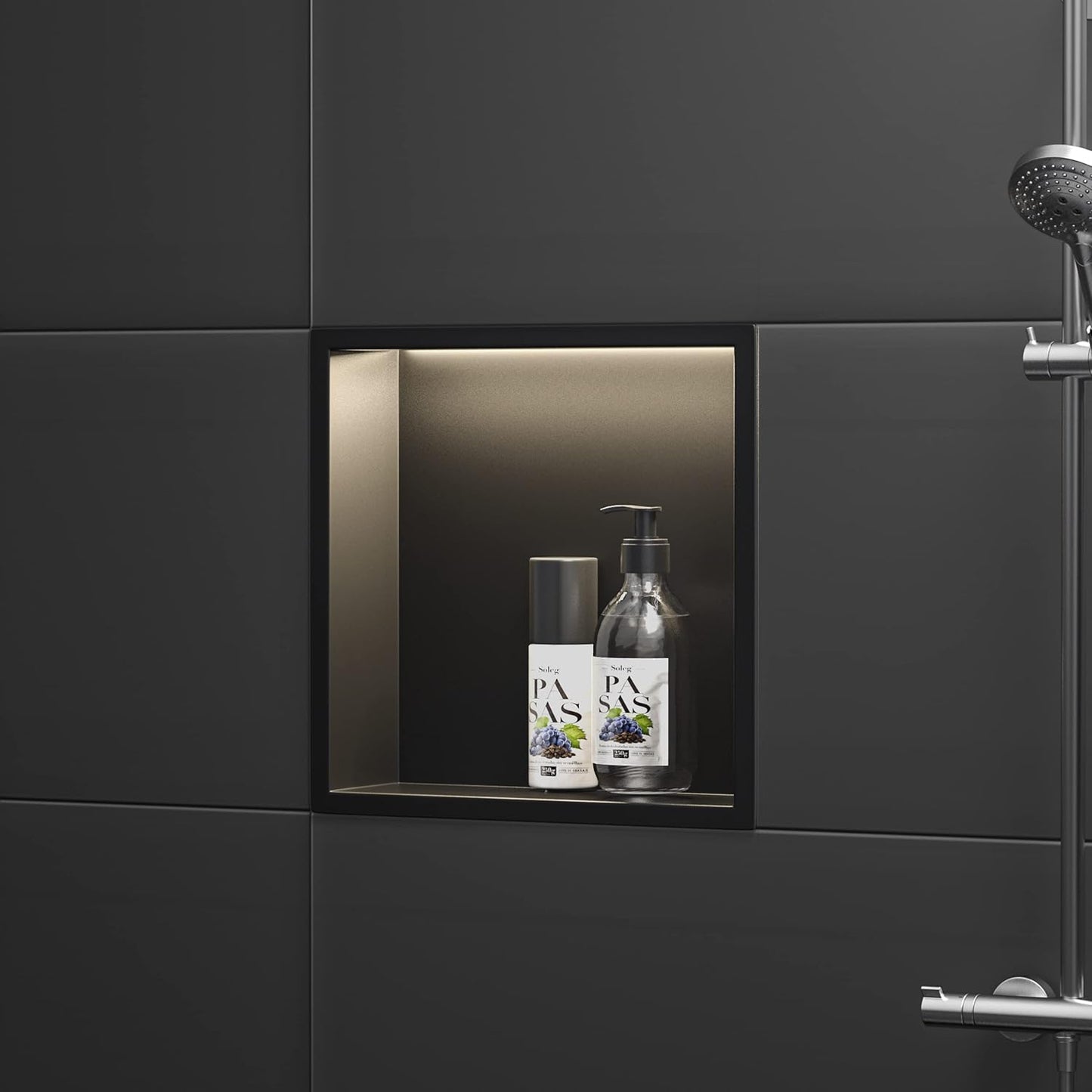 Wandnische Dusche mit LED-Licht, Edelstahl, 30x30 cm, Schwarz 30 x 30 x 10 cm