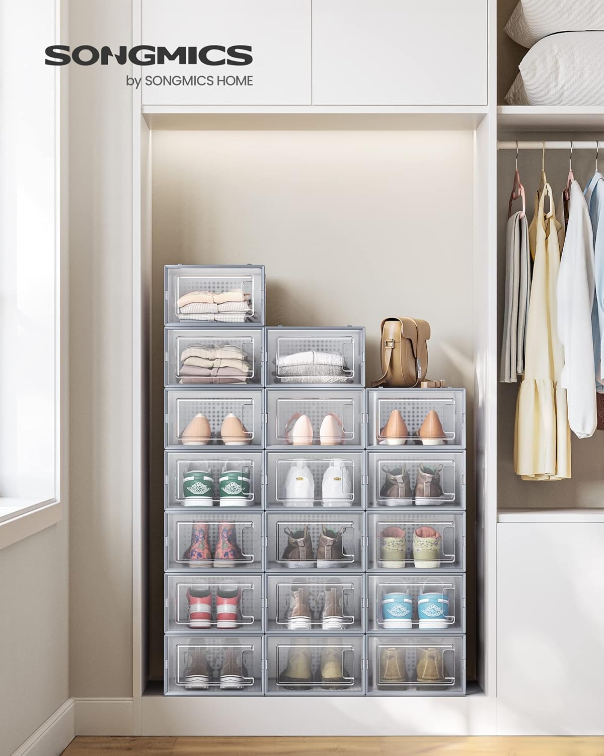 18-teiliges Schuh-Organizer-Set, Transparent + Grau 18er Set für Schuhe bis Größe 44