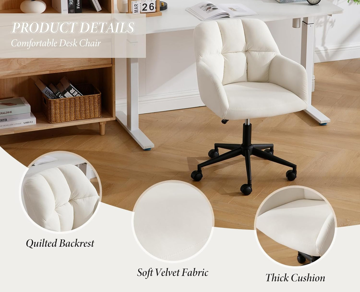 Höhenverstellbarer Bürostuhl mit Rollen, Beige