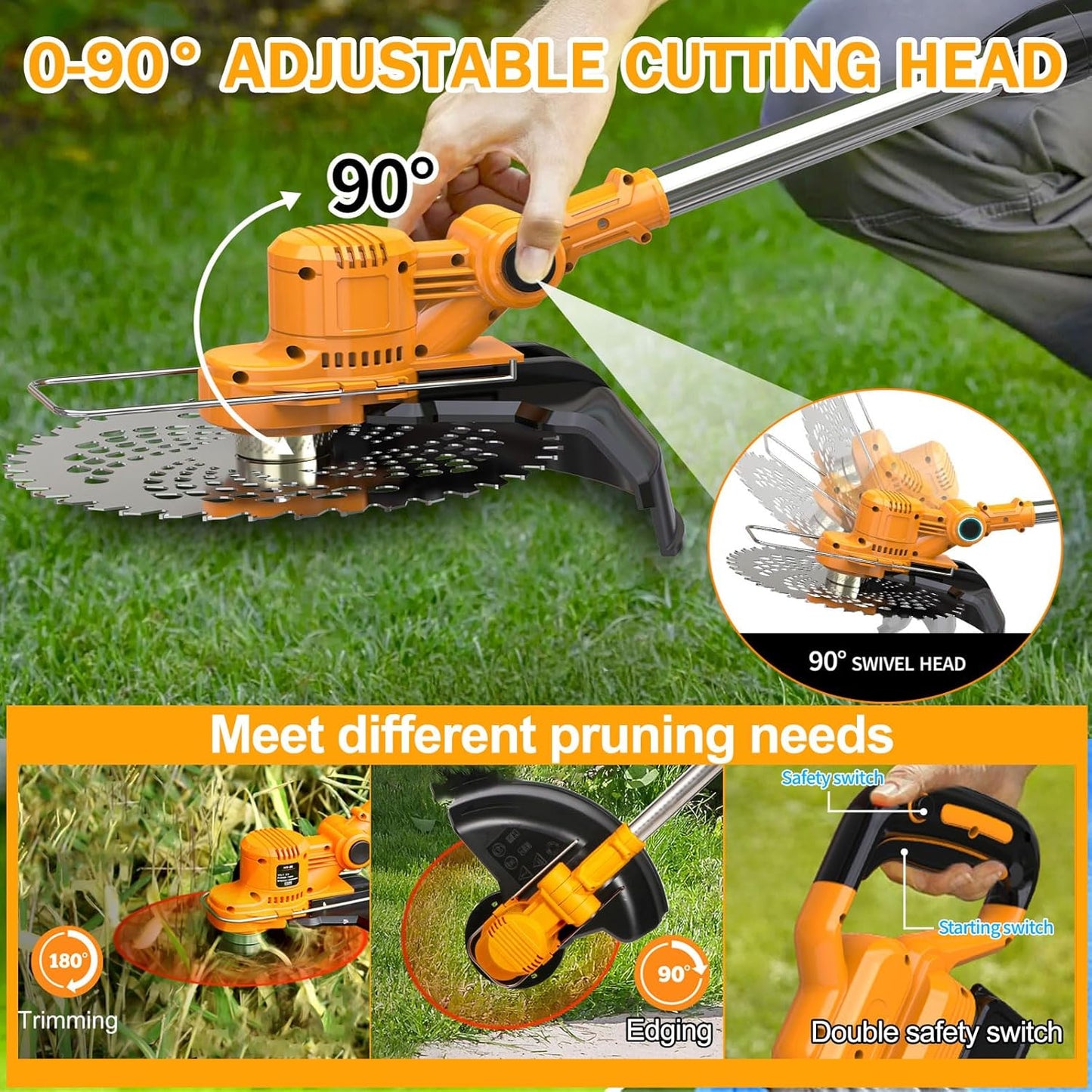 Akku-Rasentrimmer ‎HY-08 mit Unkrautbürste und 4 Klingentypen, orange-b