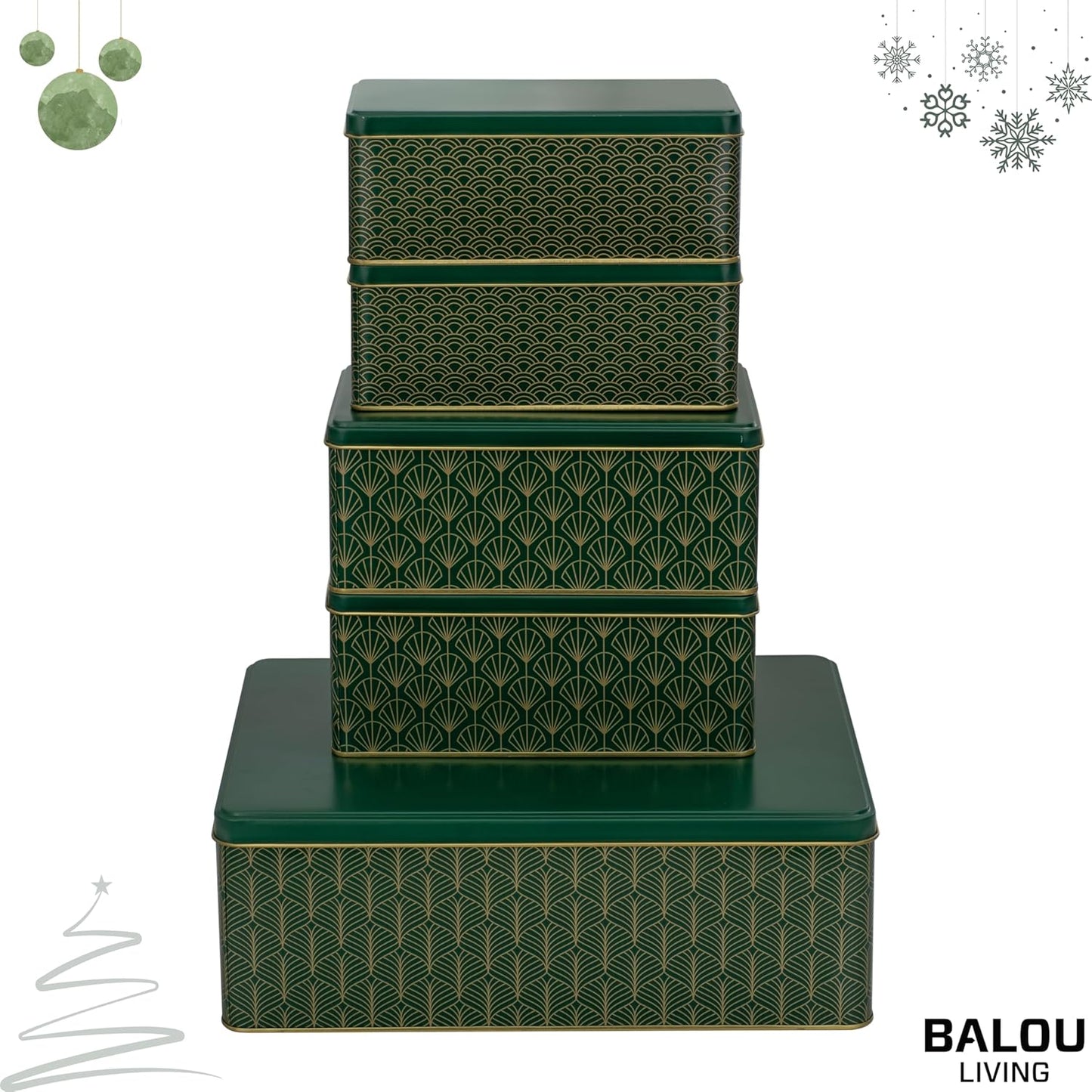 5er-Set Weihnachtskeksdosen, Pattern, Grün