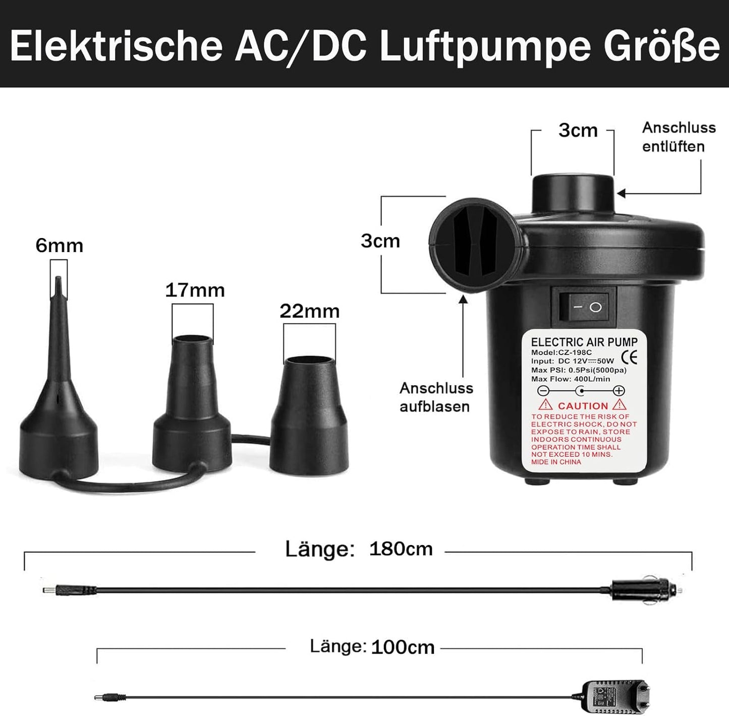 Elektrische 2-in-1 Luftpumpe, Pumpe Haus + Auto