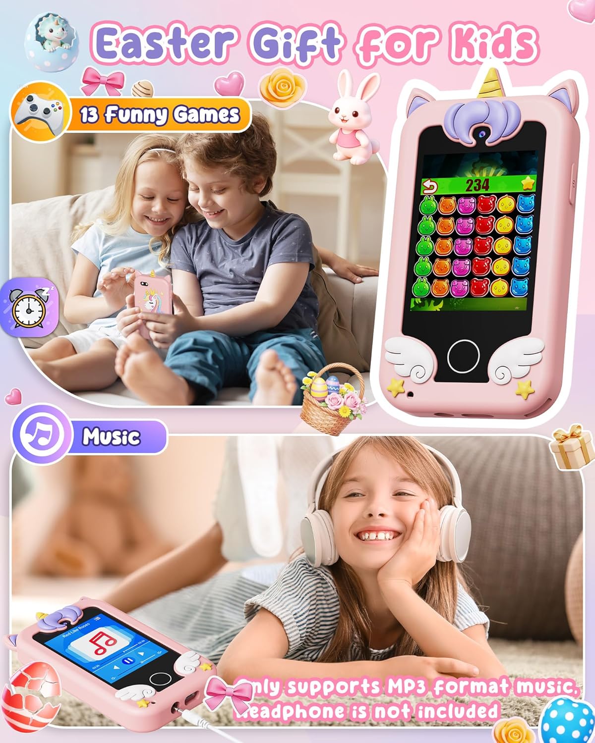 Kinder Handyspielzeug mit Dual-Kamera & MP3-Player, Rosa