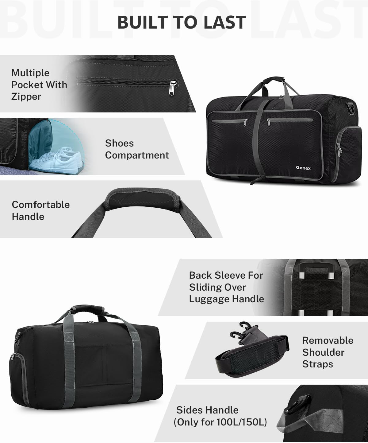 Faltbare Reisetasche für Sport & Reise, Schwarz 60L