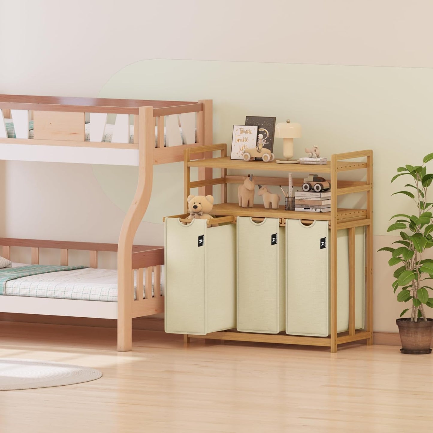 3-Fächer Wäschesortierer mit Doppelregal, Beige-6-15