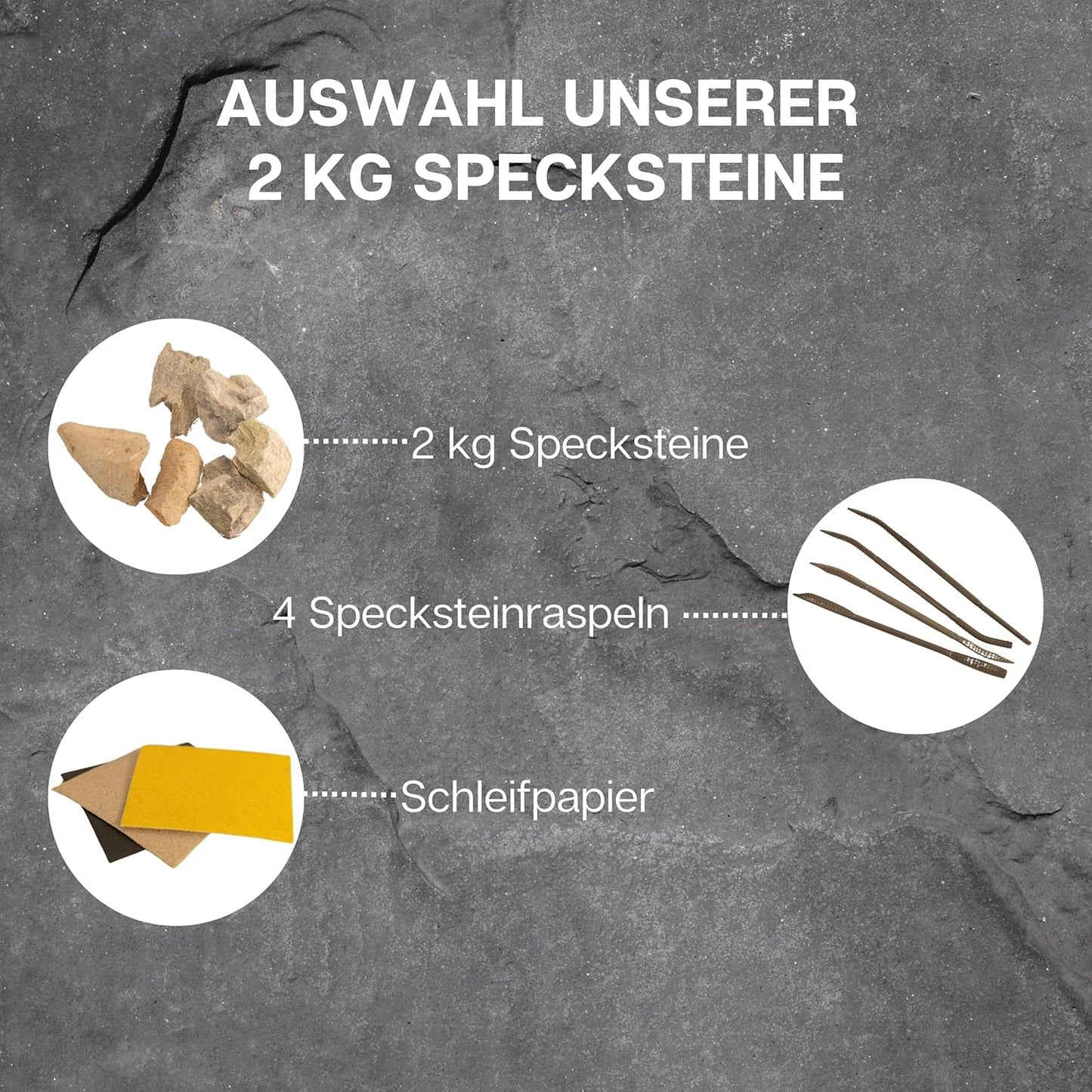 Speckstein-Schnitzset, Schleifpapier und 4 Specksteinraspeln