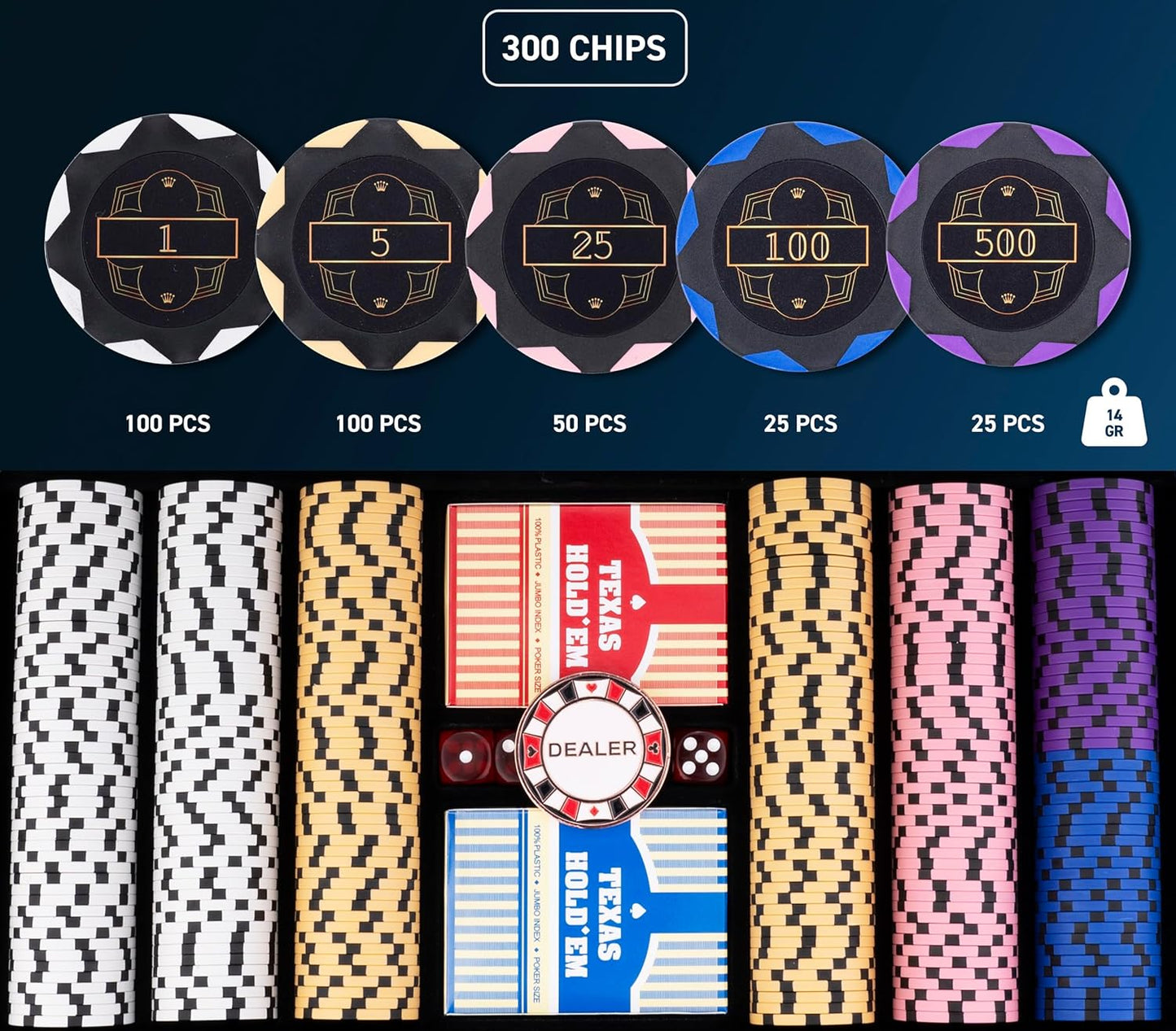 Pokerkoffer mit 300 Chips und Zubehör, 14 Gr - mit Werten 300 Chips 14 g