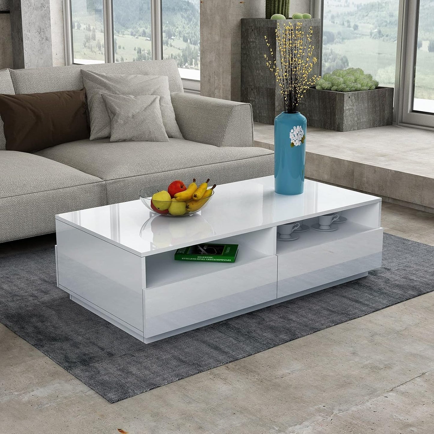LED-Couchtisch mit Stauraum und 4 Schubladen, Weiss+led