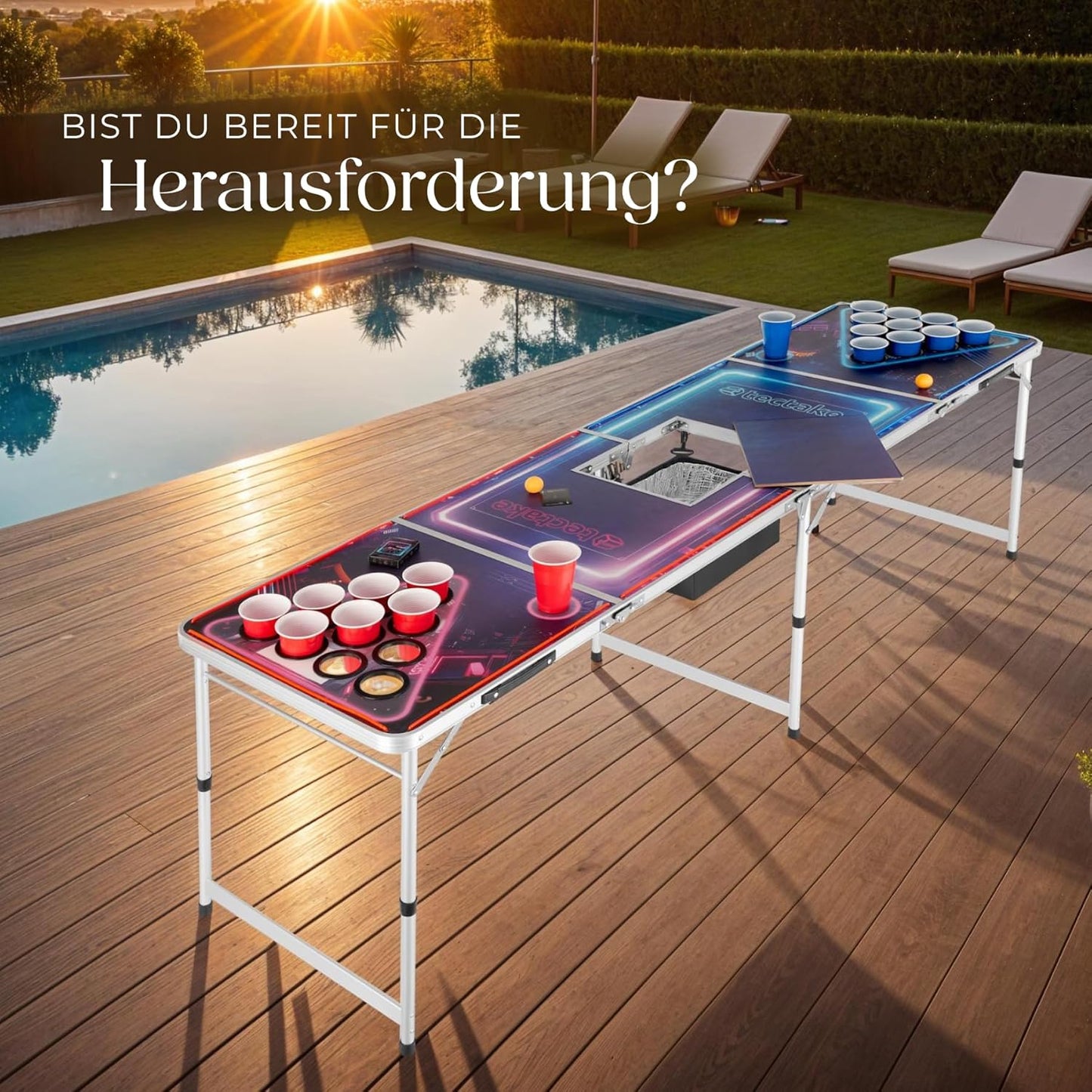 Bierpongtisch BeerWars II, mit Eisfach und LED-Beleuchtung, BeerWars II