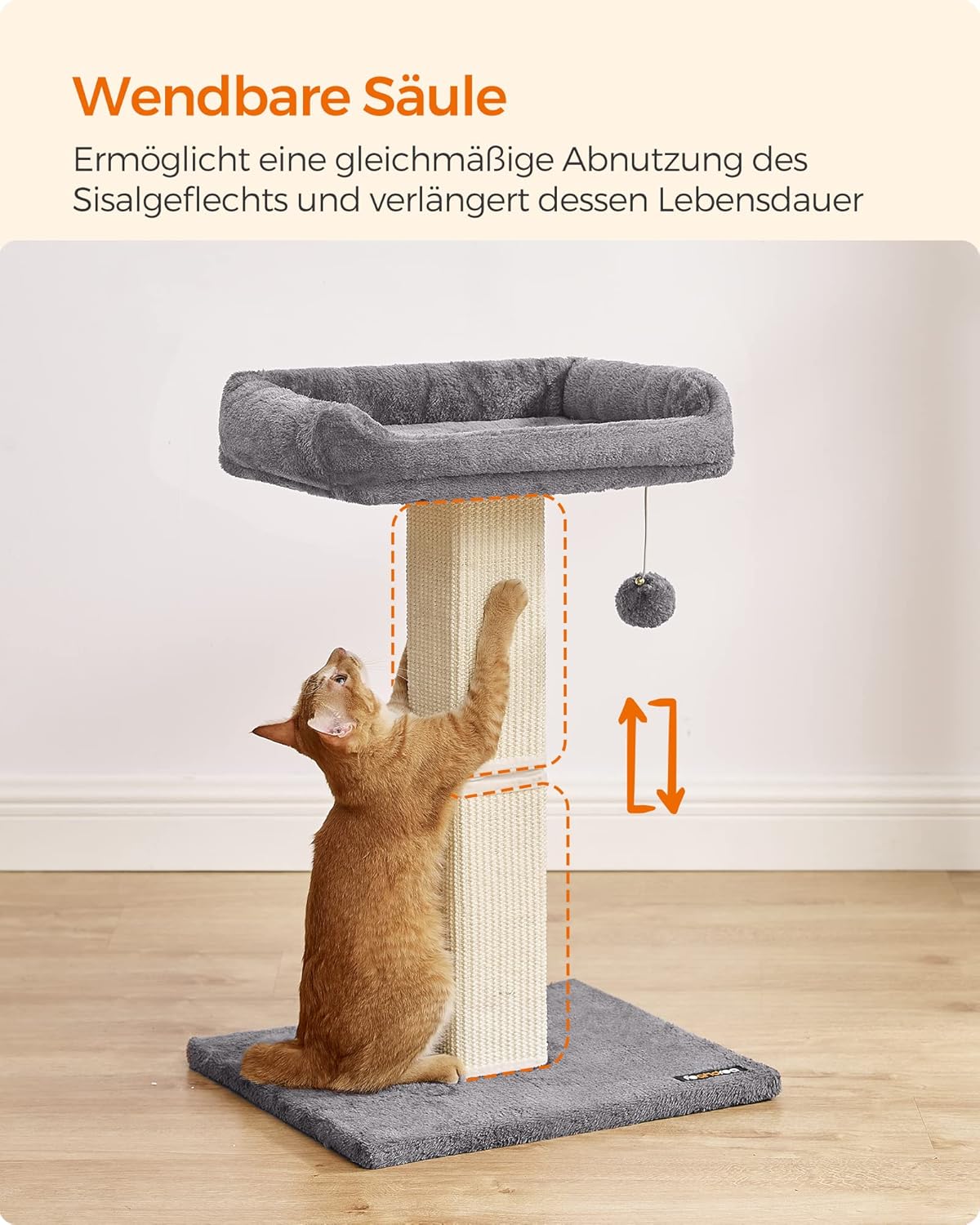 Katzenkratzbaum mit Sisalsäule und Plüschball, Hellgrau