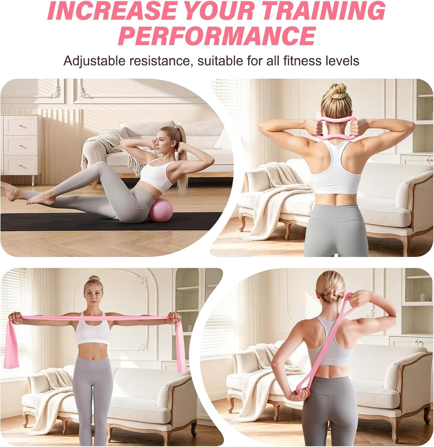 Pilates Set mit Ring, Ball und Fitnessbändern, Pink