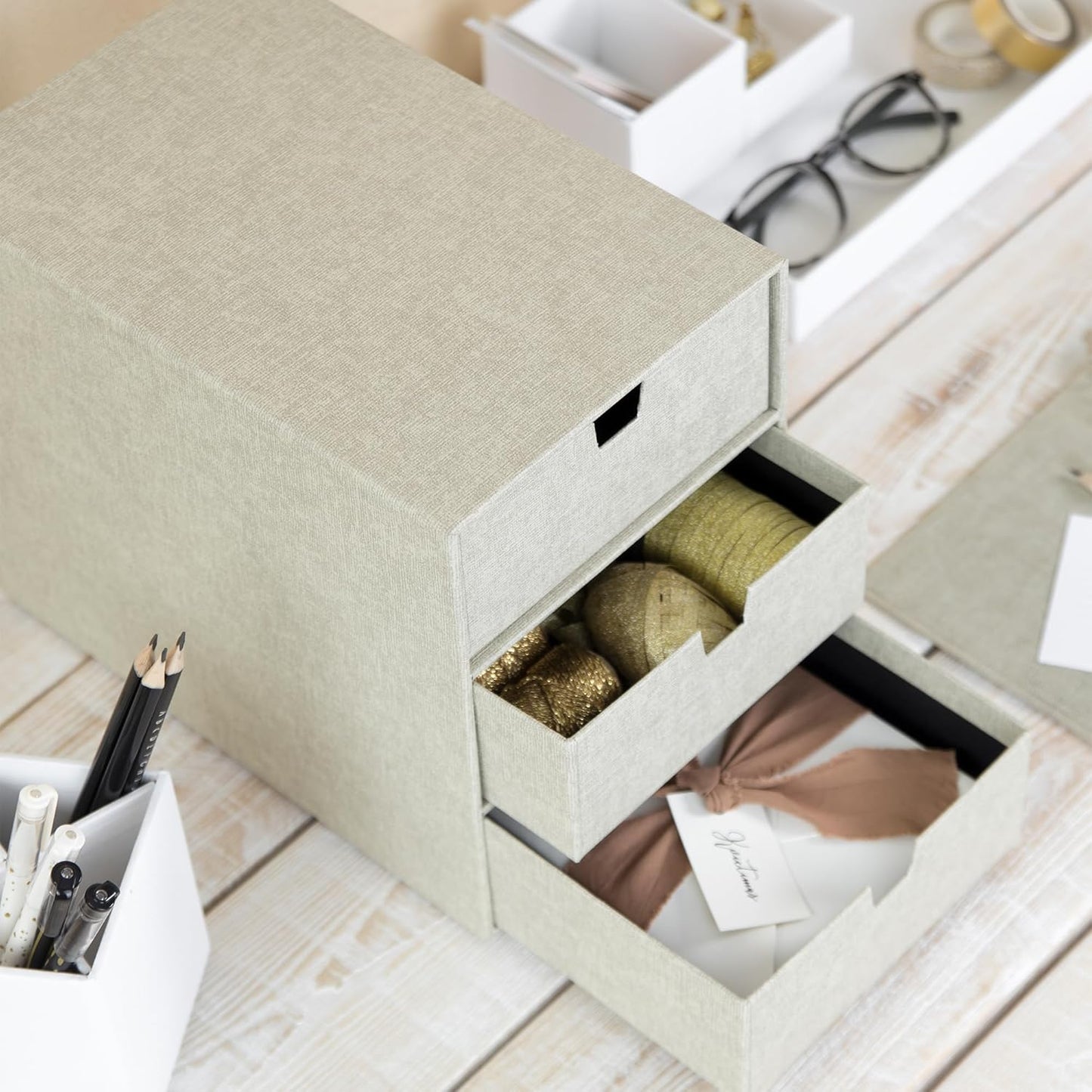 Ingrid Schubladenbox mit 3 Fächern, Beige Leinenoptik