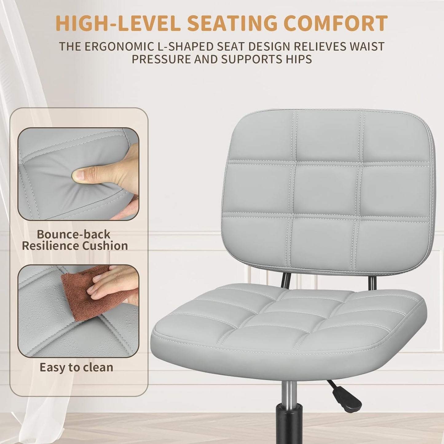 Ergonomischer Bürostuhl ohne Armlehnen, höhenverstellbar, Hellgrau 86x55cm