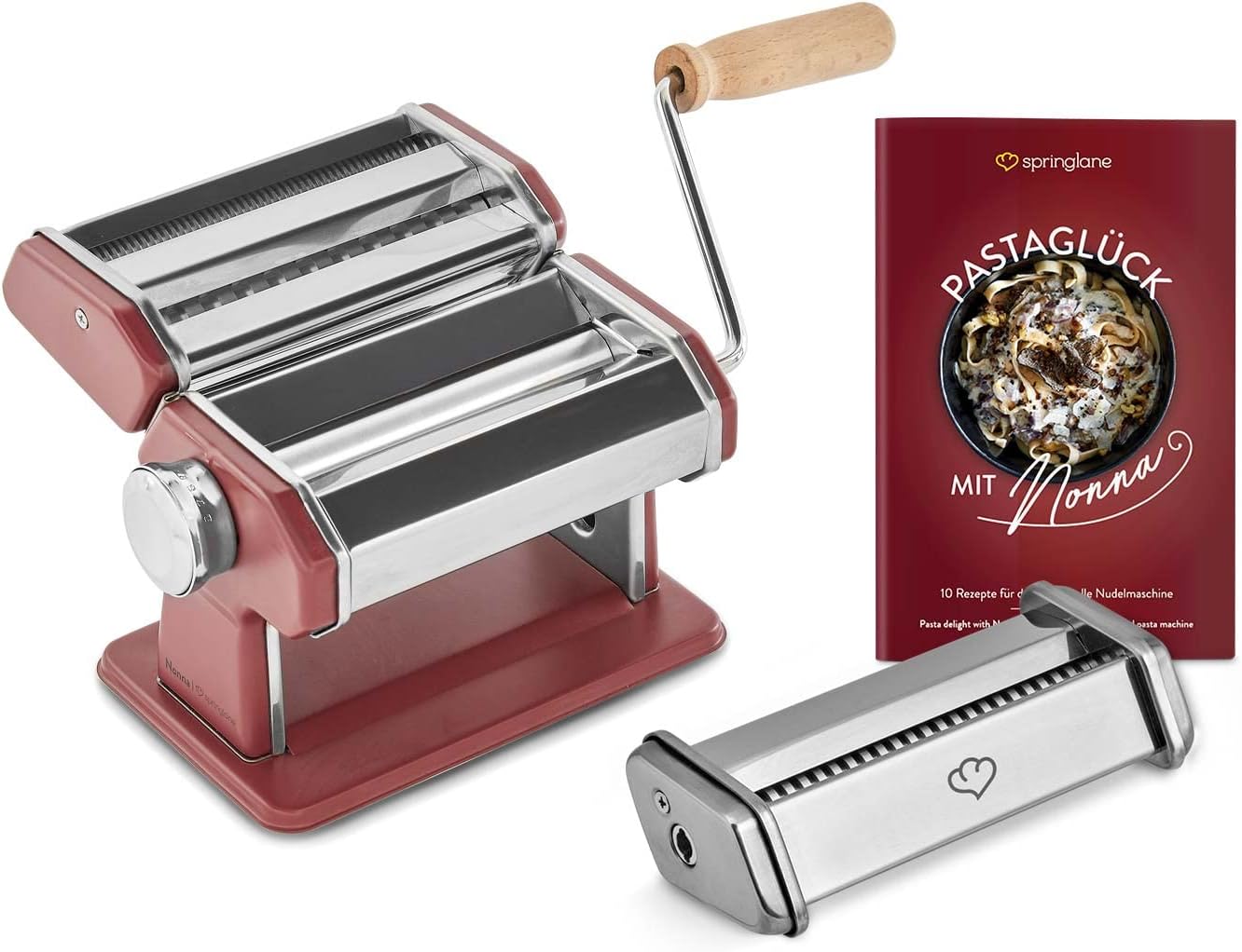 Manuelle Nudelmaschine mit Rezeptheft & Aufsätzen, Nudelmaschine inkl. Linguineaufsatz Rot