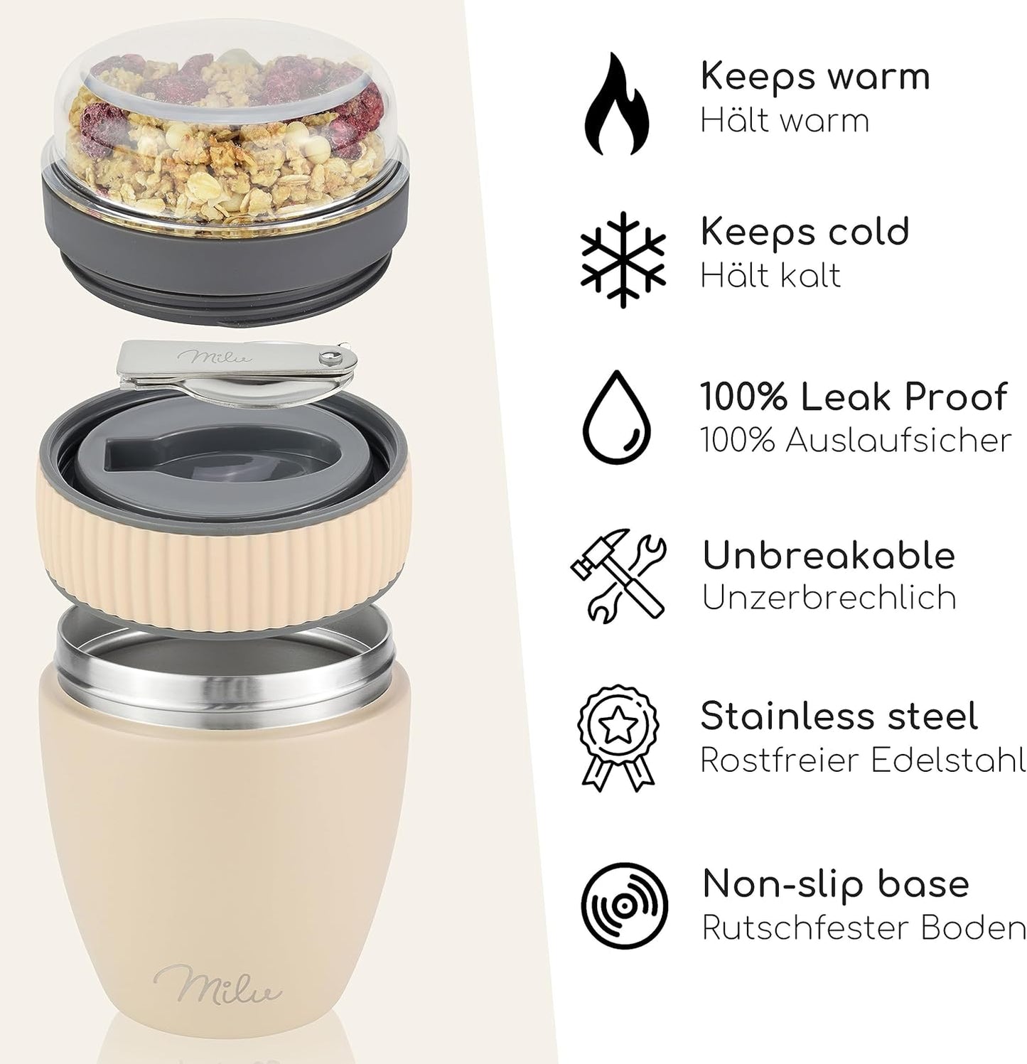 Isolierter Müslibecher mit Löffel, Beige Edelstahl