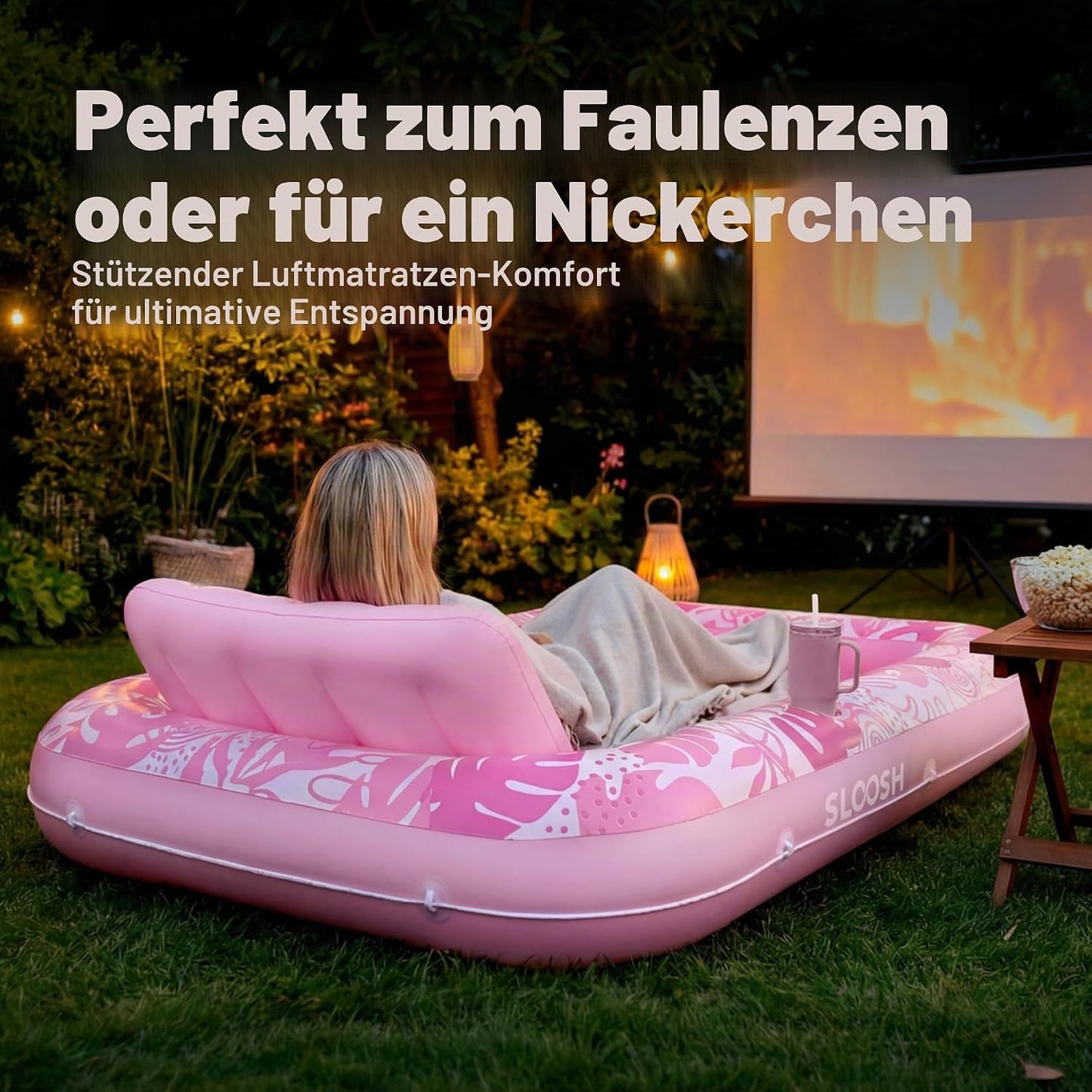 Aufblasbarer 4-in-1 Sonnenliegepool mit Kissen und Getränkehalter, Zartrosa L