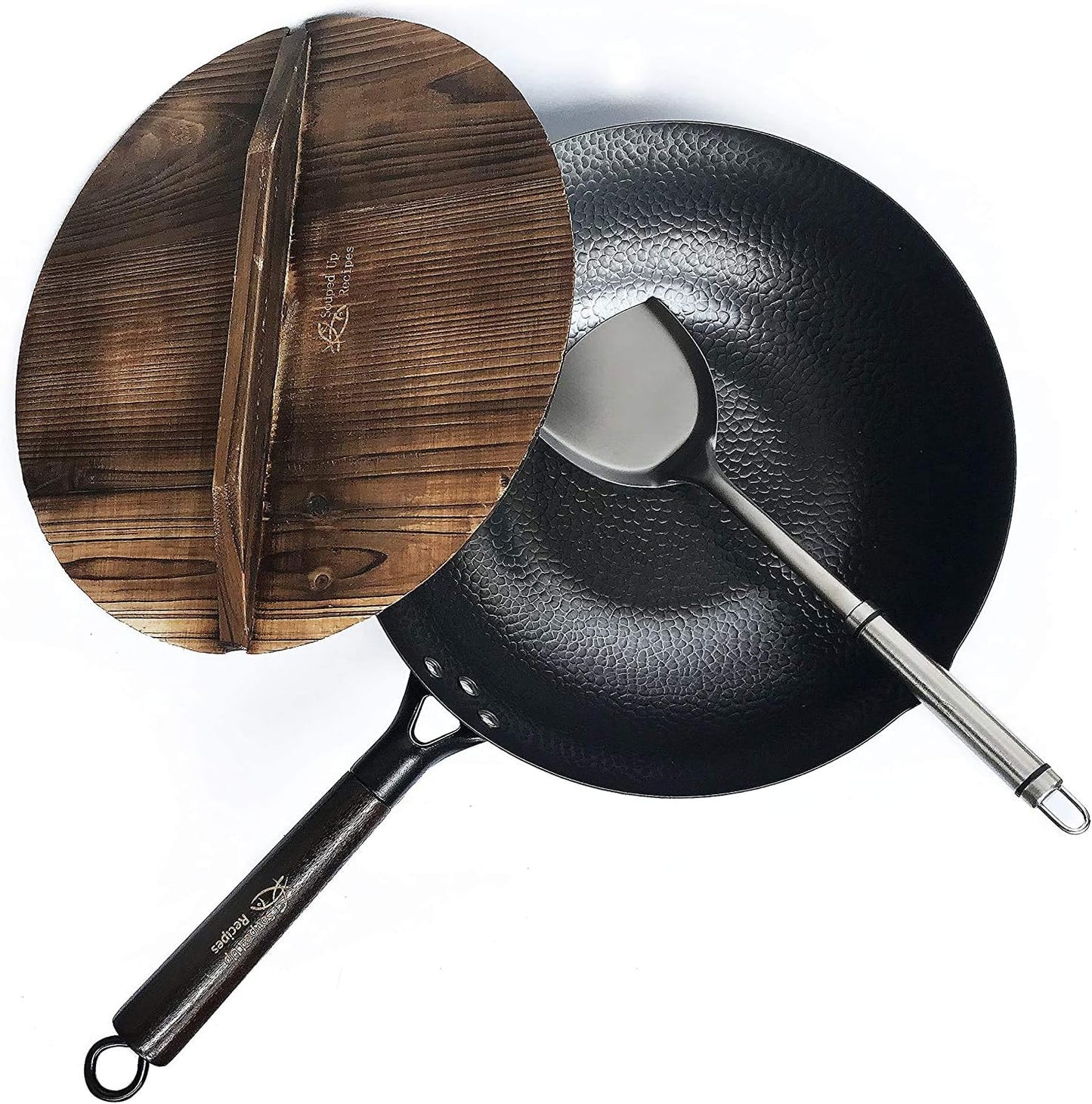 Wokpfanne mit Deckel & Spatel, A-12,5-zoll-wok mit Holzdeckel