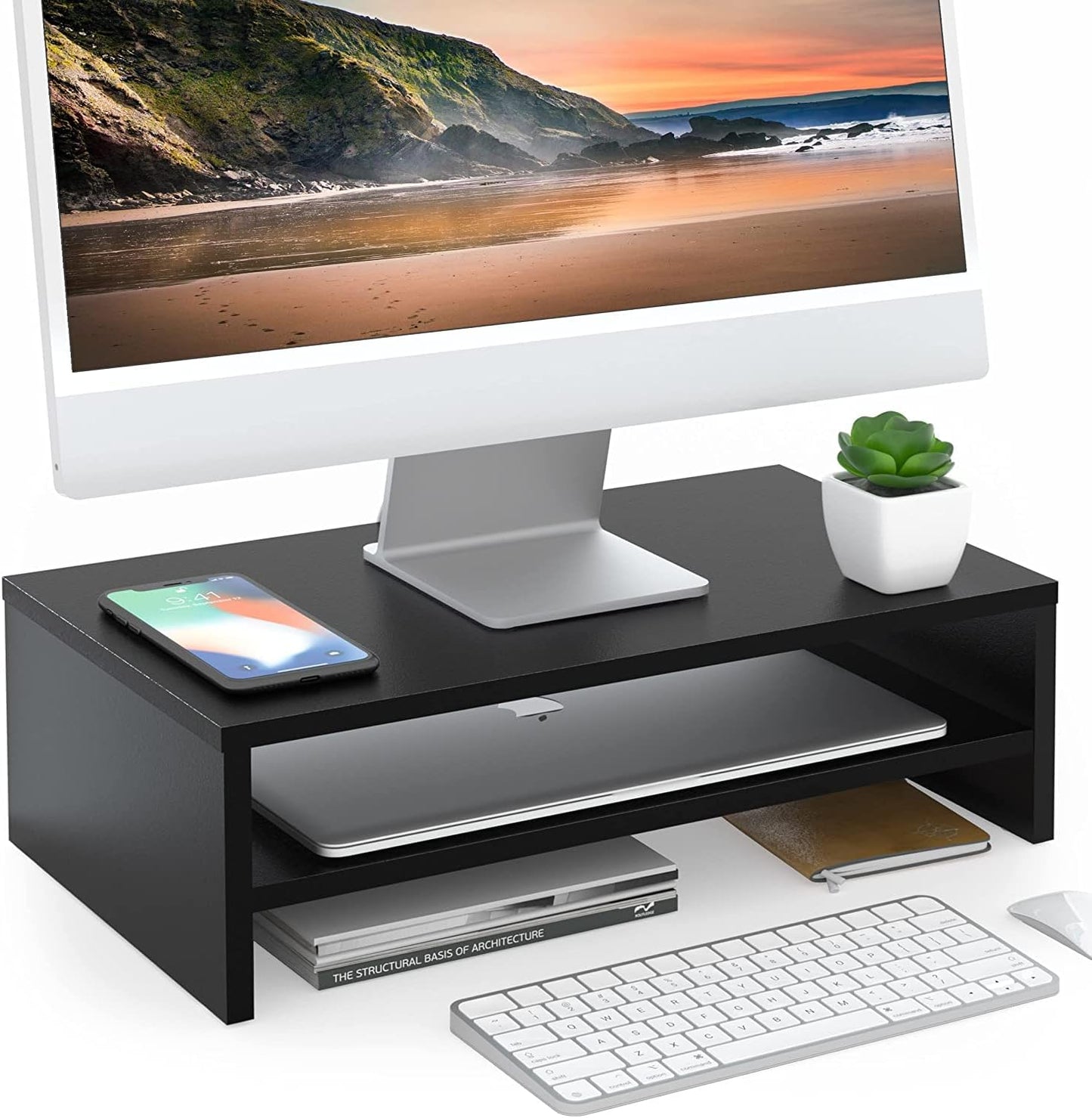 Ergonomischer Monitorständer mit Ablage, Schwarz 42.5x23.5x14cm