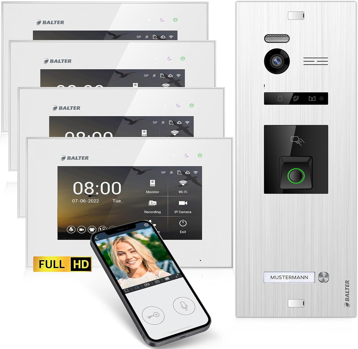 EVO-HD Video Türsprechanlage mit Fingerprint, A. Silber/Weiss ; 4 Monitore, Mit App