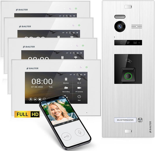 EVO-HD Video Türsprechanlage mit Fingerprint, A. Silber/Weiss ; 4 Monitore, Mit App