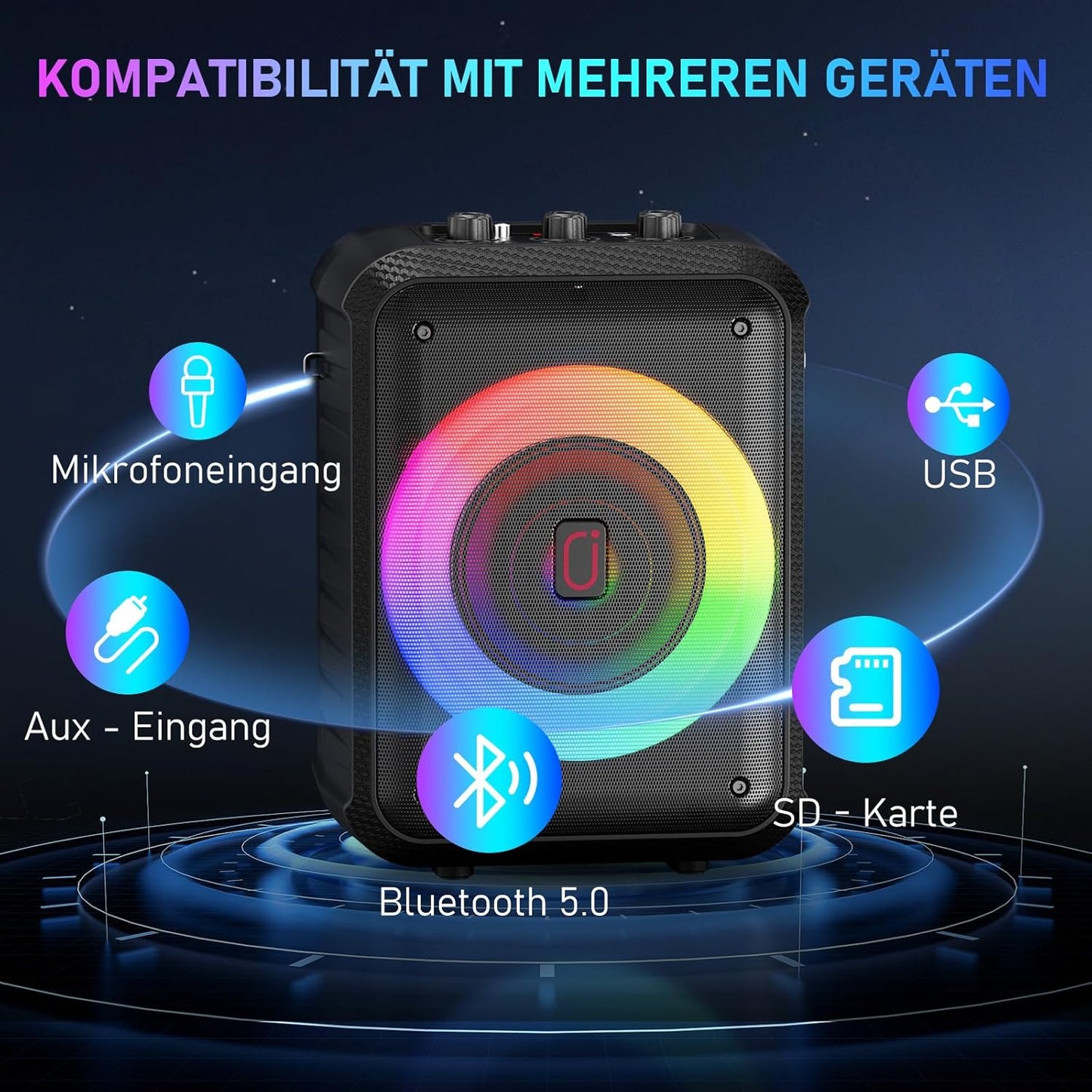 Tragbare Karaoke Maschine D13T mit 2 Mikrofonen, Schwarz D13T