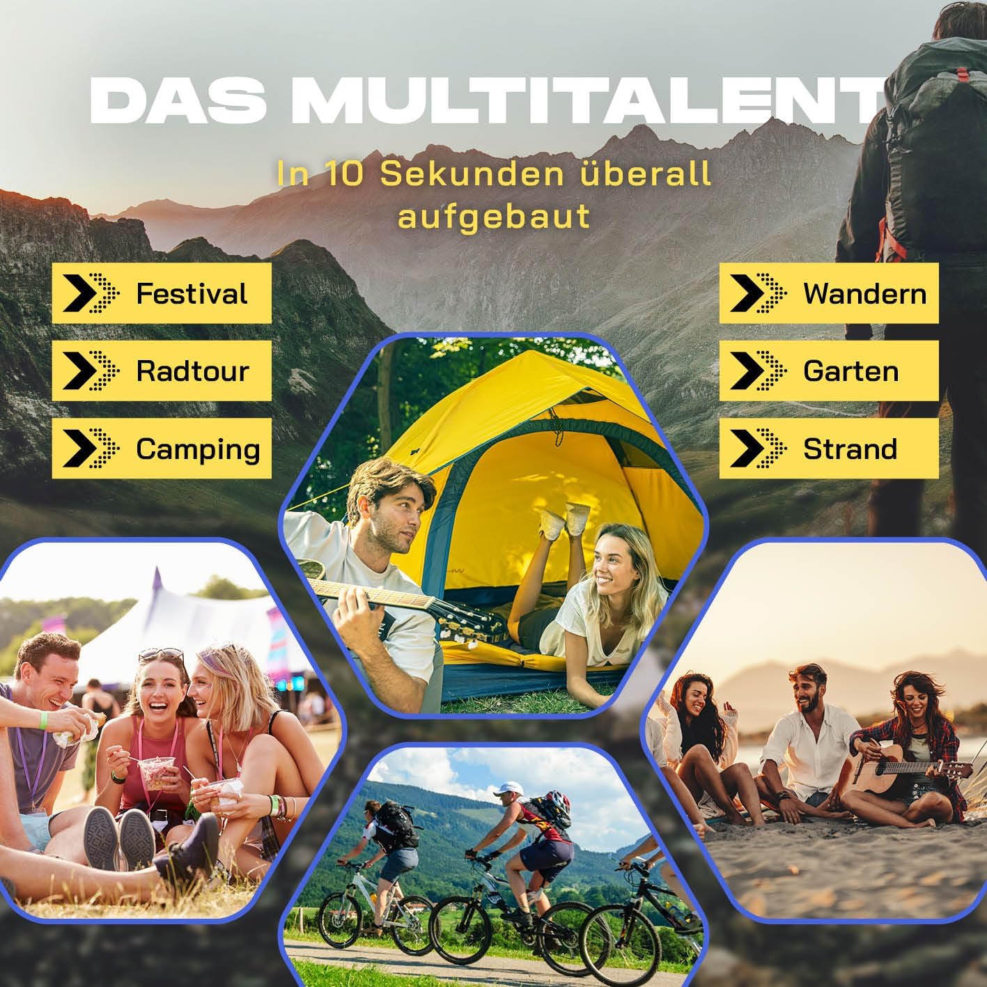 Wurfzelt für 3 Personen, Gelb 2-3 Personen | 1 Eingang