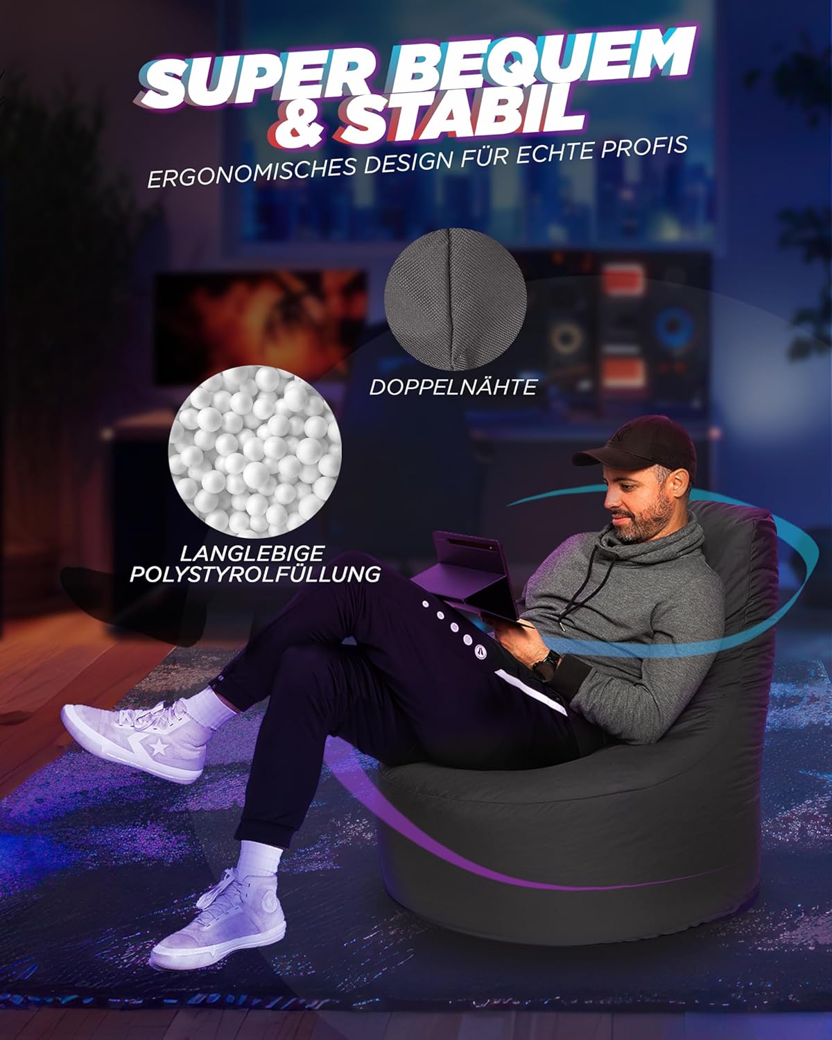 Gamer Lounge Sitzsack, Ø 75cm x Höhe 80cm, Anthrazit
