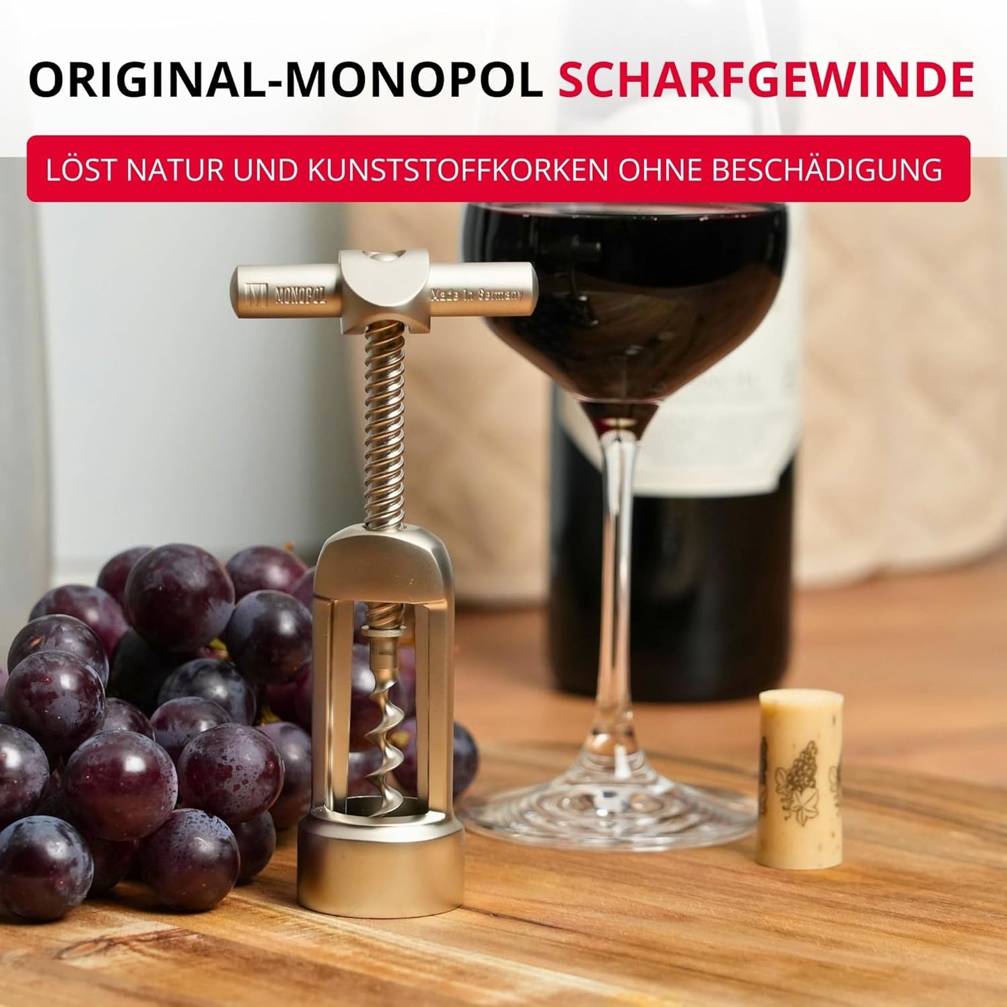 Glockenkorkenzieher mit Korkabstreifer, Barolo, Edelmattiert