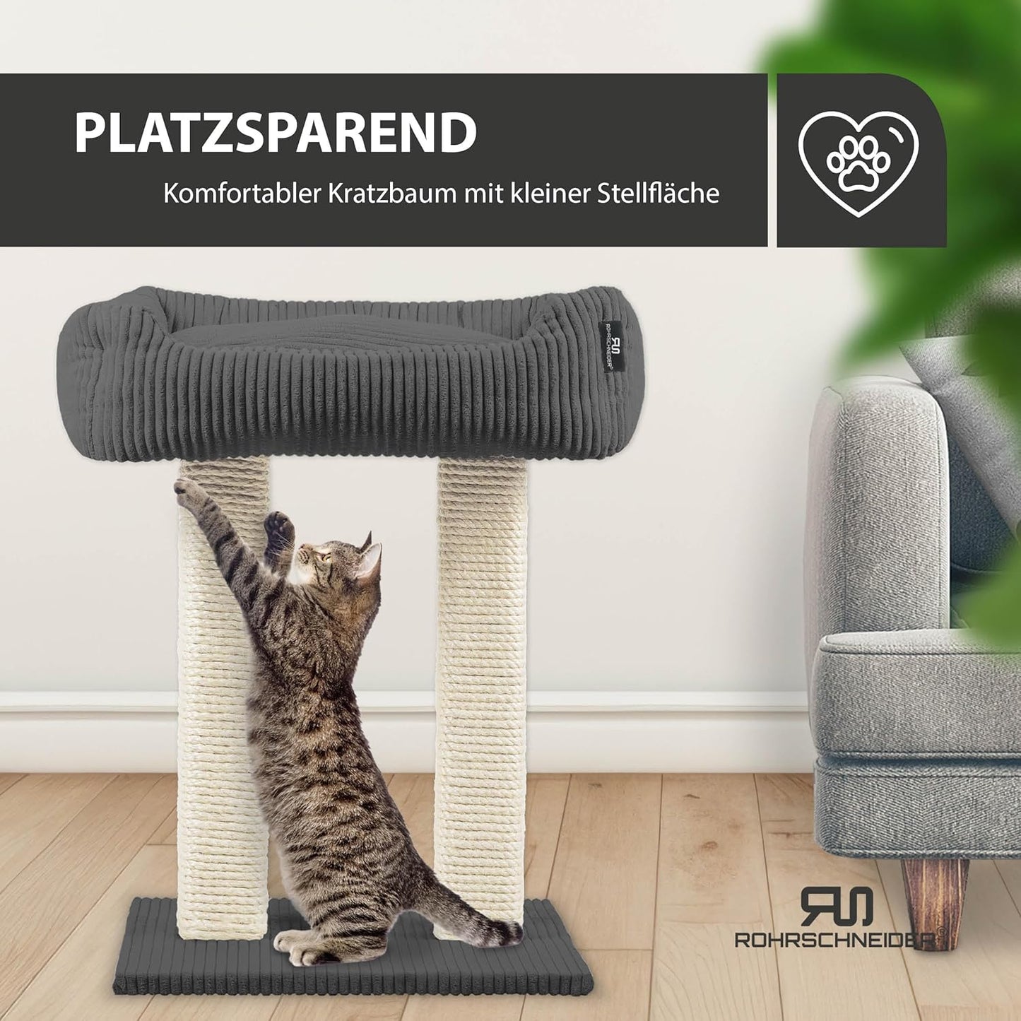 Kratzbaum Wolly mit Katzenbett und Kissen, Cordstoff breit dunkelgrau