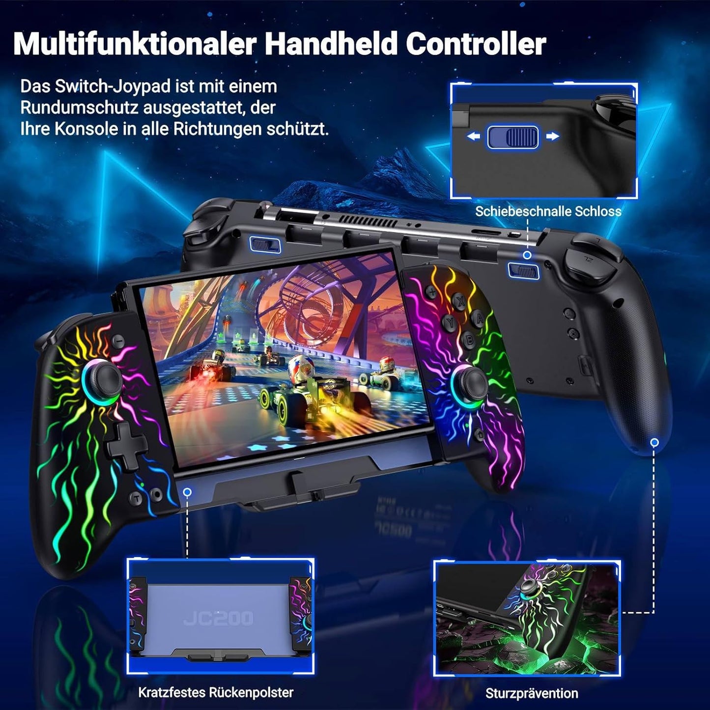 Bluetooth-Controller für Switch mit RGB und Makro-Funktion, Schwarz Flammen Muster