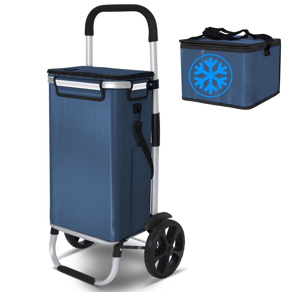 Klappbarer Einkaufstrolley mit Kühlfach und Treppensteiger, 58L Marineblau