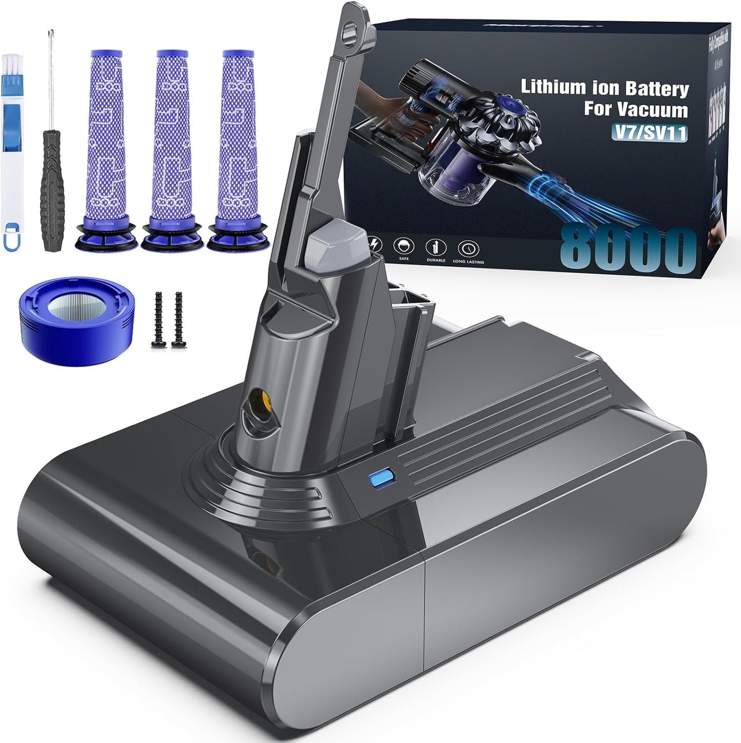 Ersatzakku für Dyson V7 Staubsauger, V7 8.0Ah + Filter