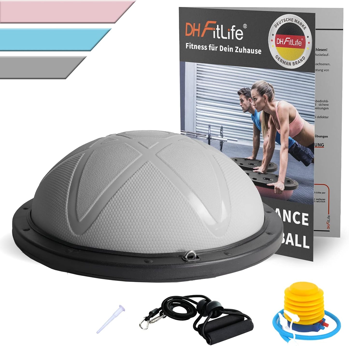 Balance Ball mit Fitnessbändern, Grau