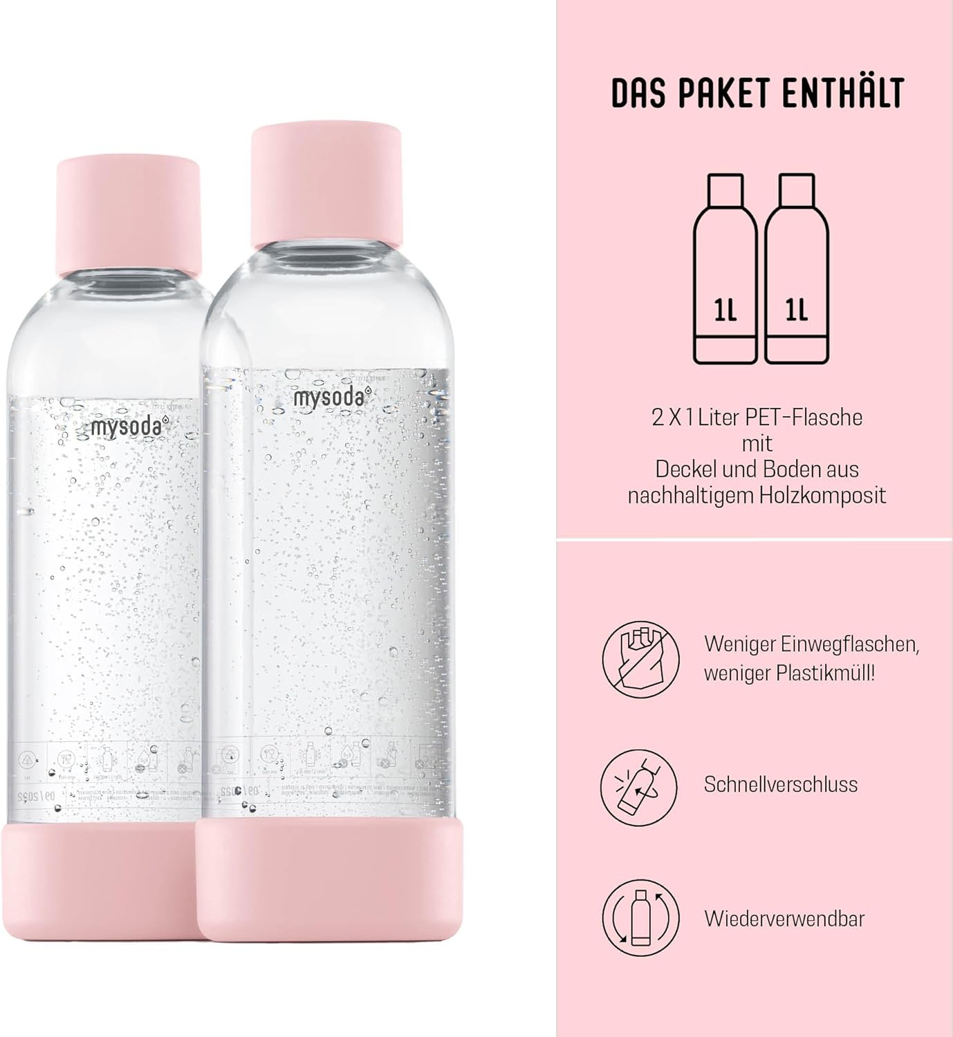Wasserflasche für Mysoda, Wassermaxx, Aqvia, Drinkmate und Levivo Wassersprudler (2 Stück), Rosa 1000 ml