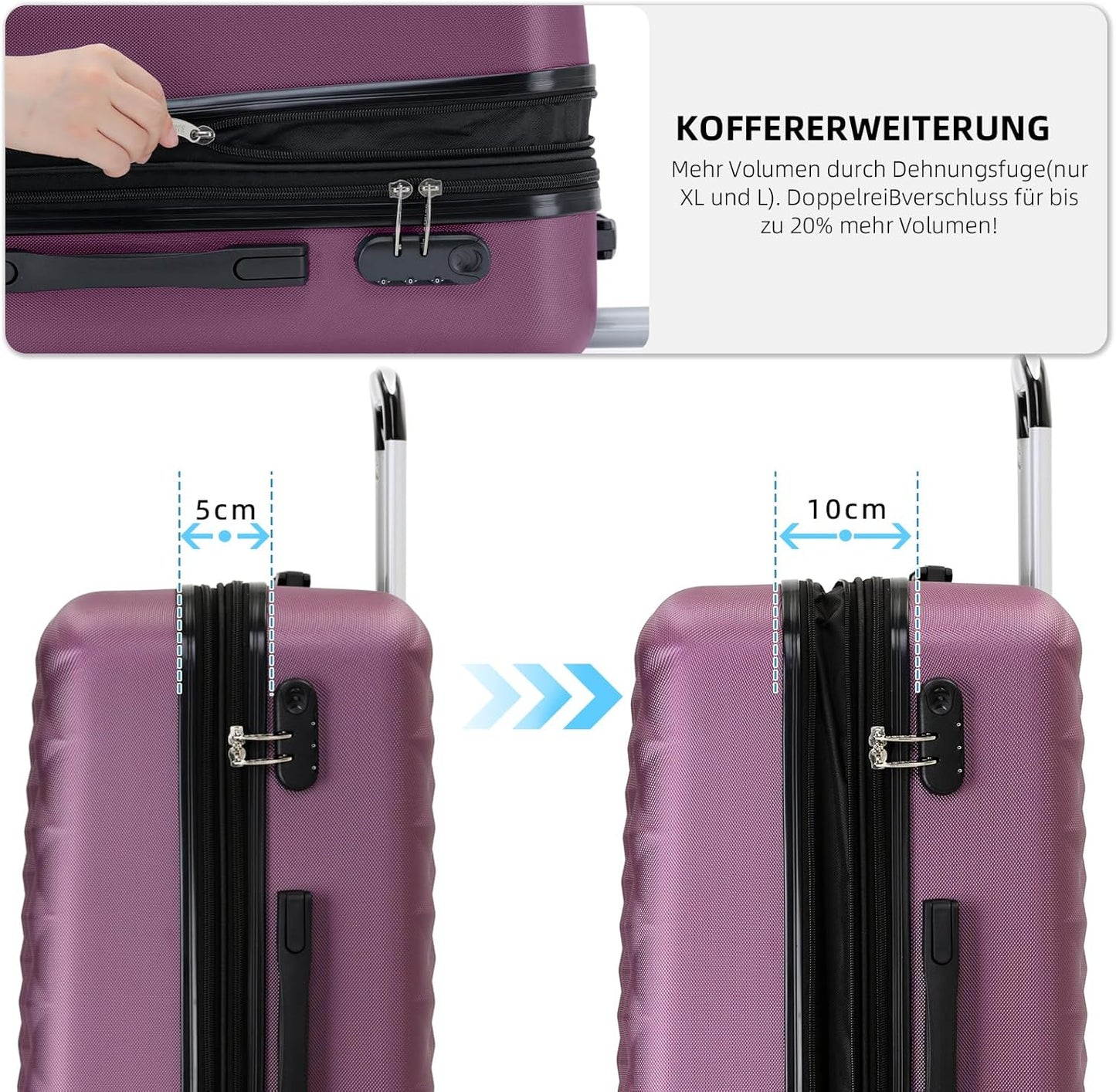 Hartschalen-Koffer-Set mit Zwillingsrollen (3-teilig), Violett M+L+XL (Set)
