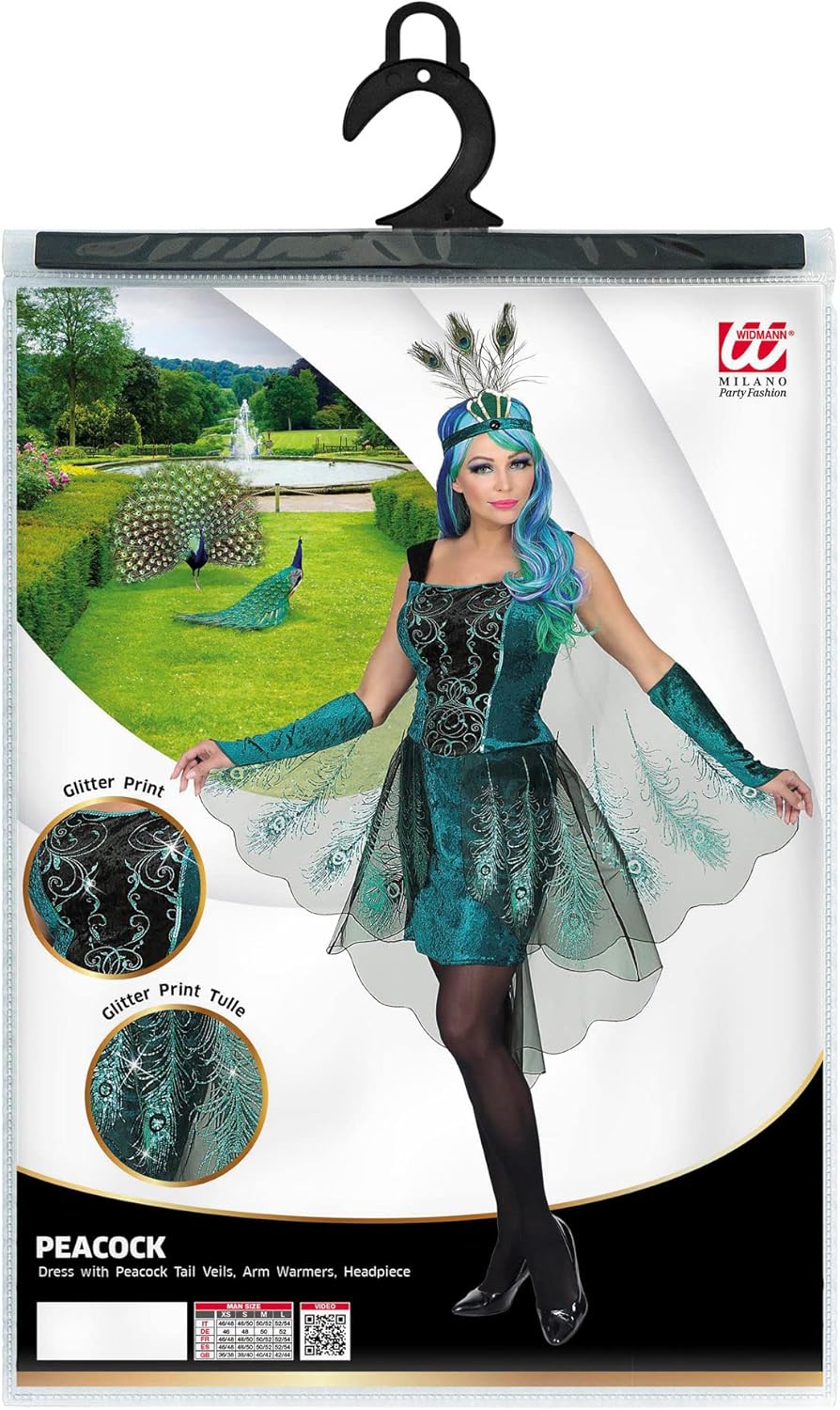 Pfauenkostüm mit Kleid und Kopfschmuck, M