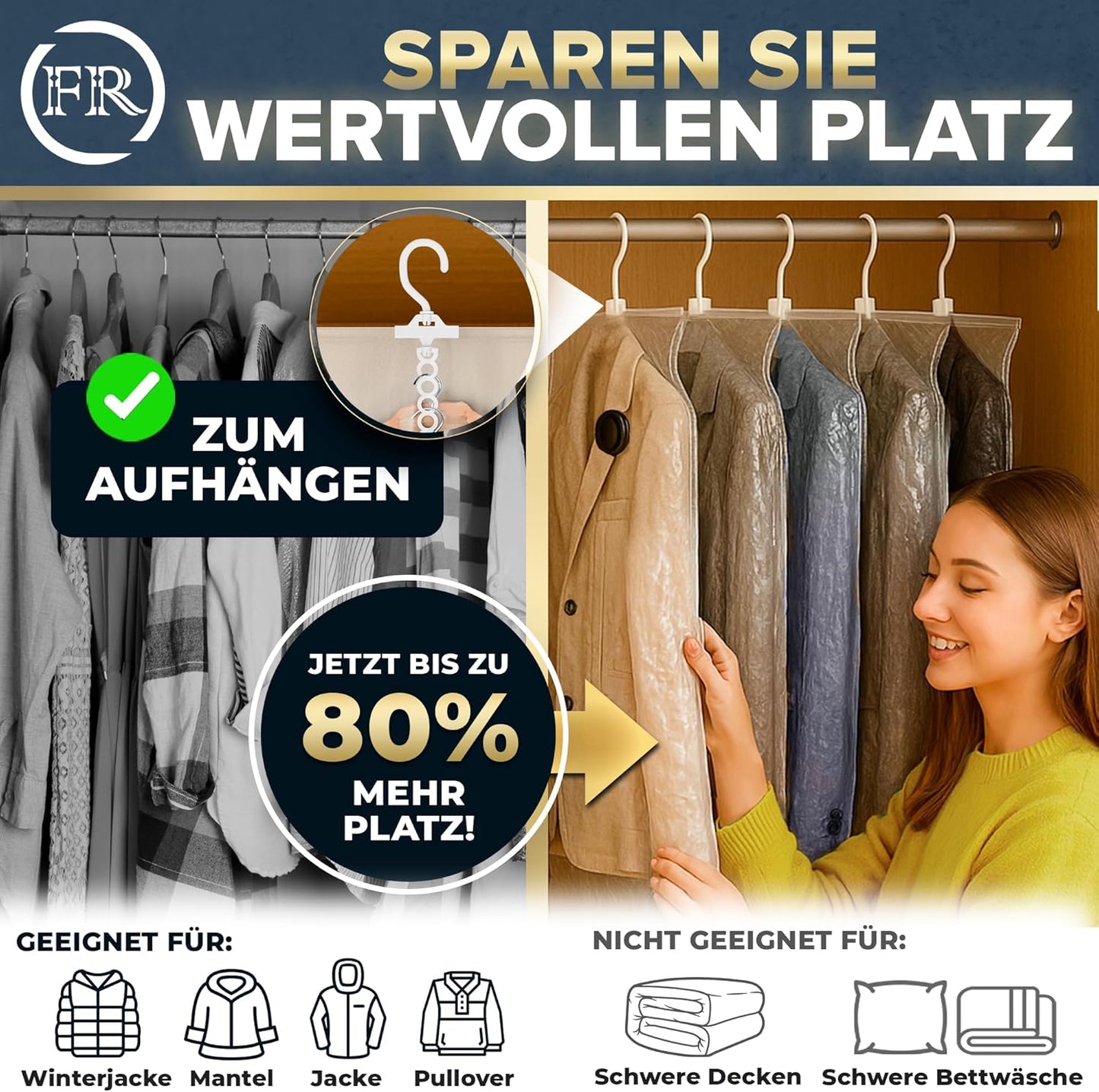Hängende Vakuumbeutel für Kleidung, MIt Hänger - 3x XL (100x70cm) Mit Hänger