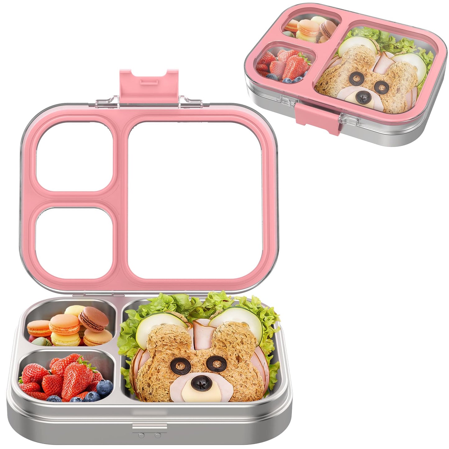 Bento Box mit 3 Fächern, auslaufsicher, Rosa 800ml
