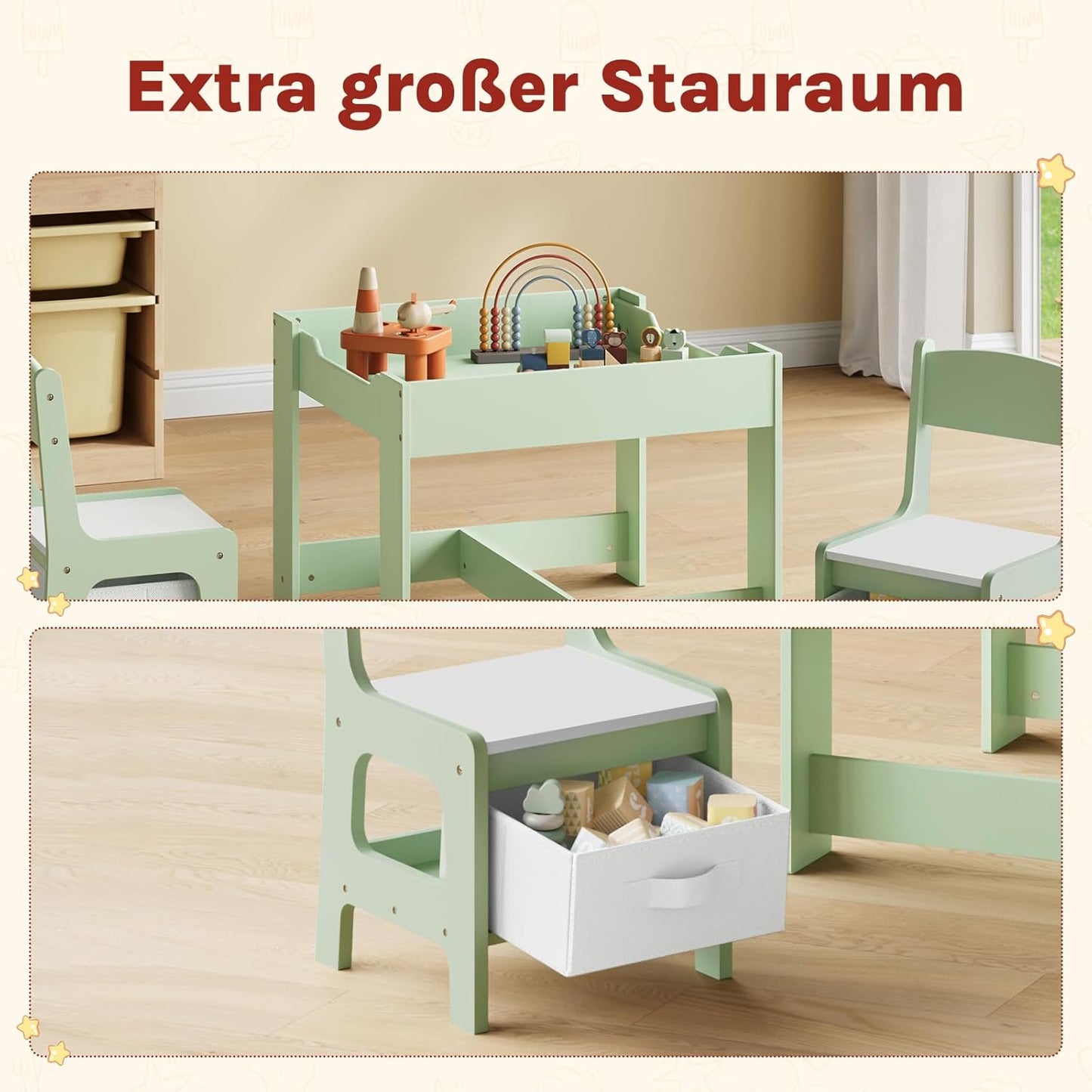 Kindertisch mit Stühlen und Stauraum, Grün + Weiss