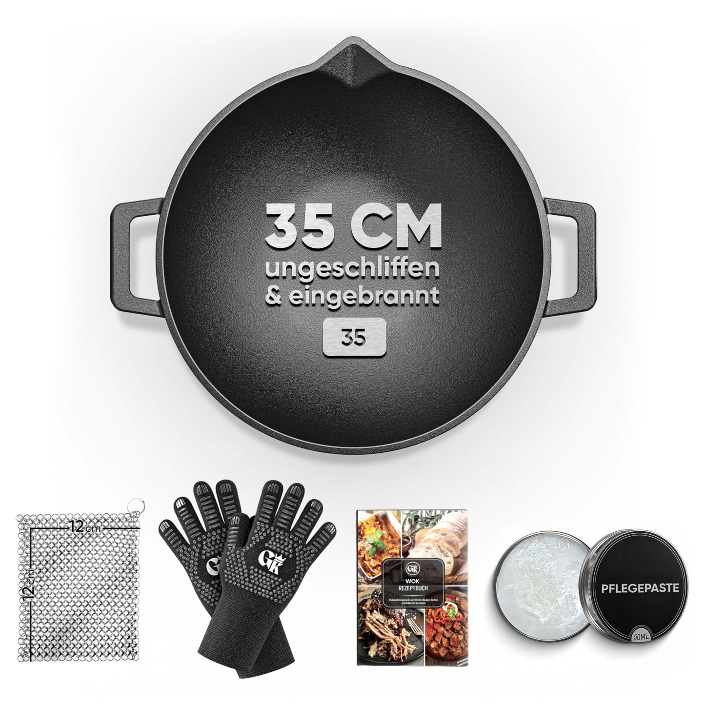 Gusseisen Wok Pfanne, 35 cm, mit Grillhandschuhen, Wok Pfanne mit Pflegepaste 35cm