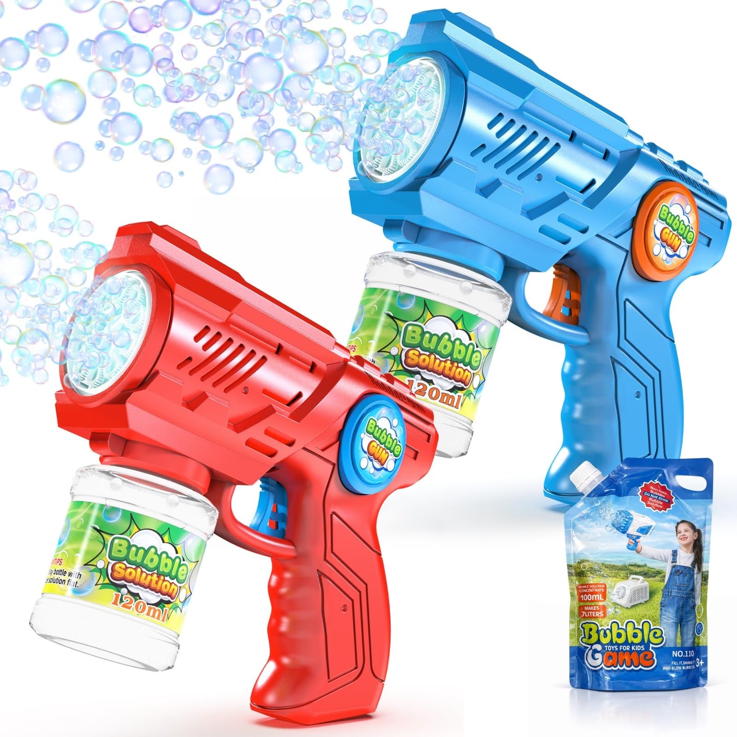 2x Seifenblasenpistolen mit LED und 100ml Tank, inkl. 1 L Nachfüllkonzentrat, Blau + Rot