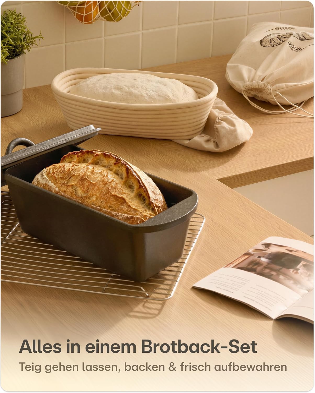 Brotbacktopf-Set mit Gärkorb und Beutel, Rechteckig 3 L