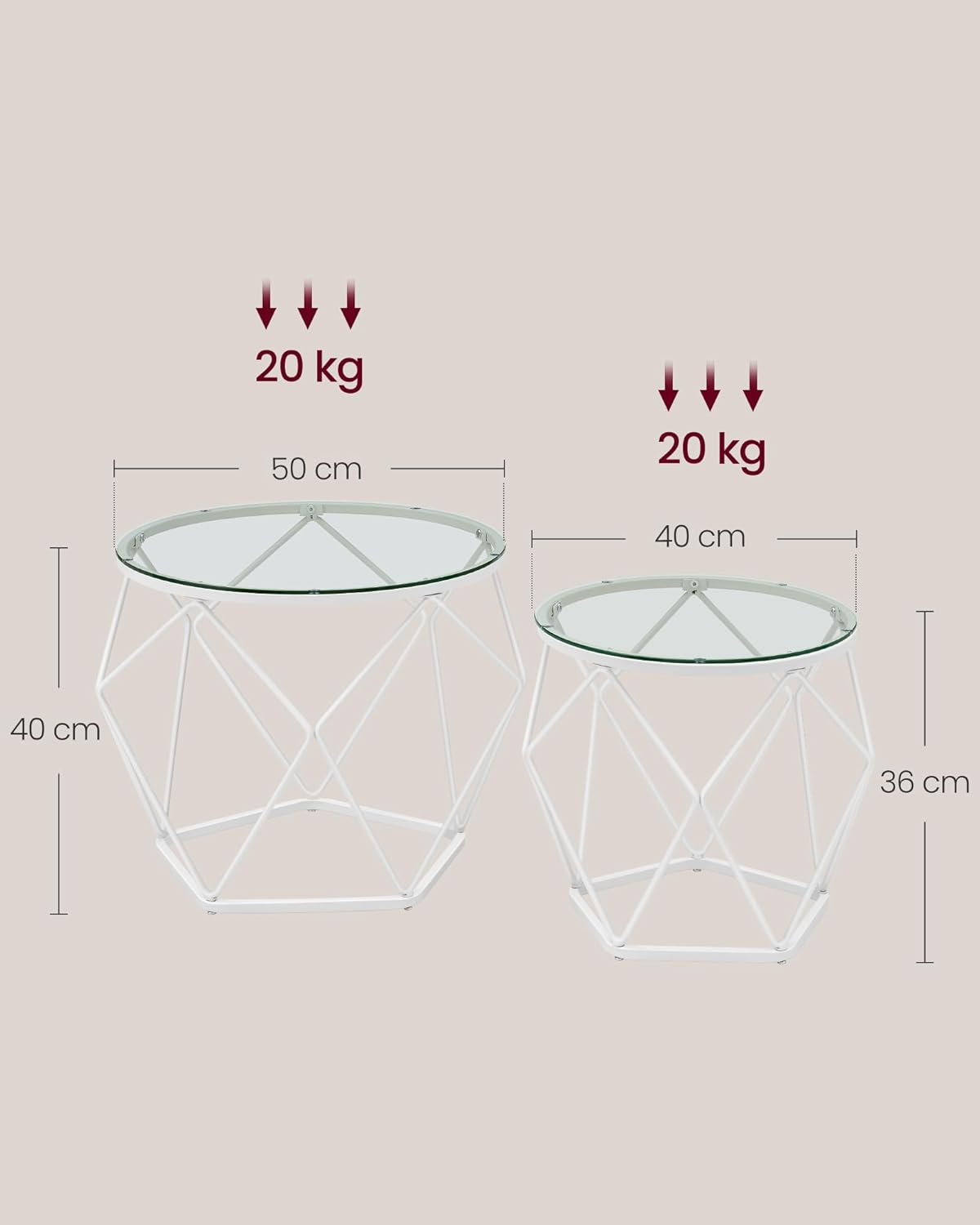 2er-Set Runder Couchtisch mit abnehmbarer Tischplatte, Transparent + Wolkenweiss