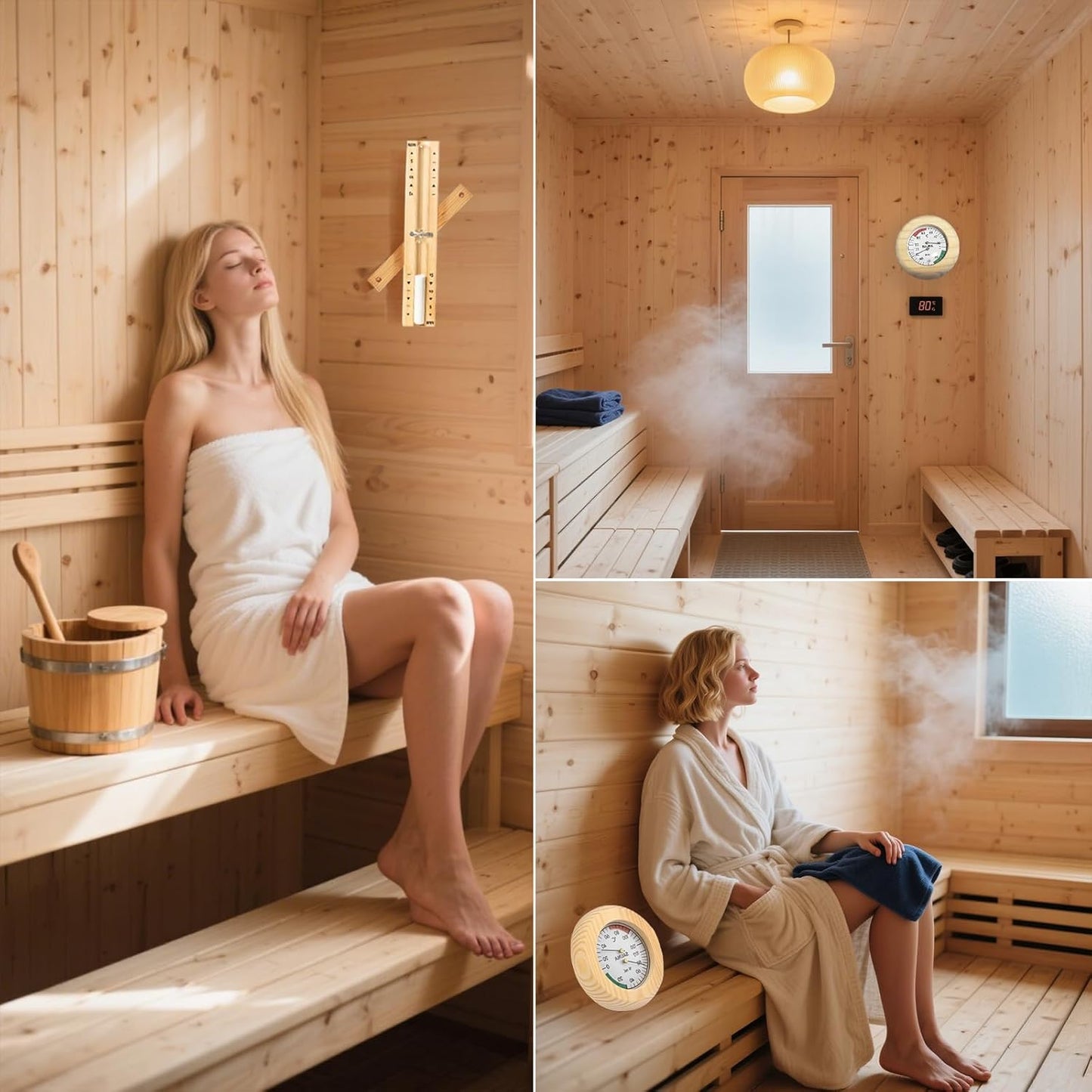 Sauna-Thermometer mit Sanduhr, Natürliche Holzfarbe