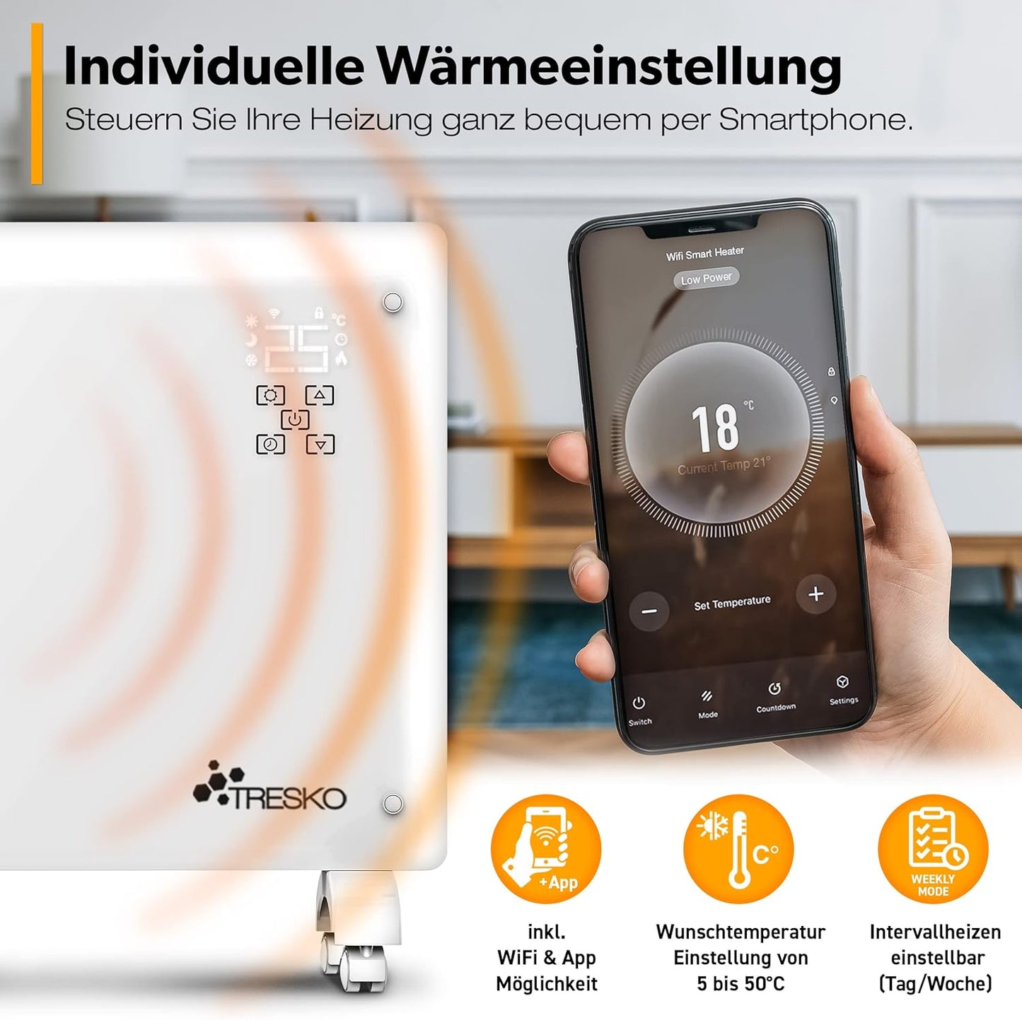 Glaskonvektor, 1500W, Weiss / 1500 Watt