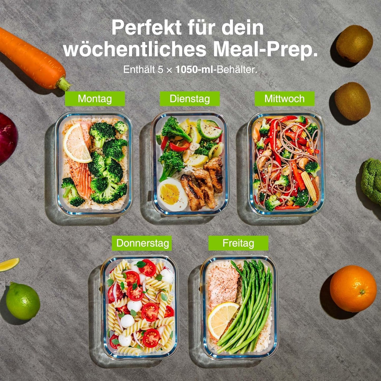 5er-Set Glas-Mealprepboxen, 5 Teiliges (1L)
