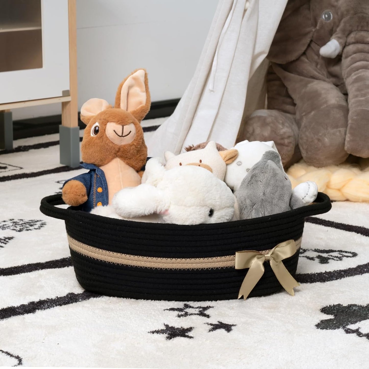 Geflochtener Aufbewahrungskorb für Handtücher und Spielzeug, Schwarz und Khaki