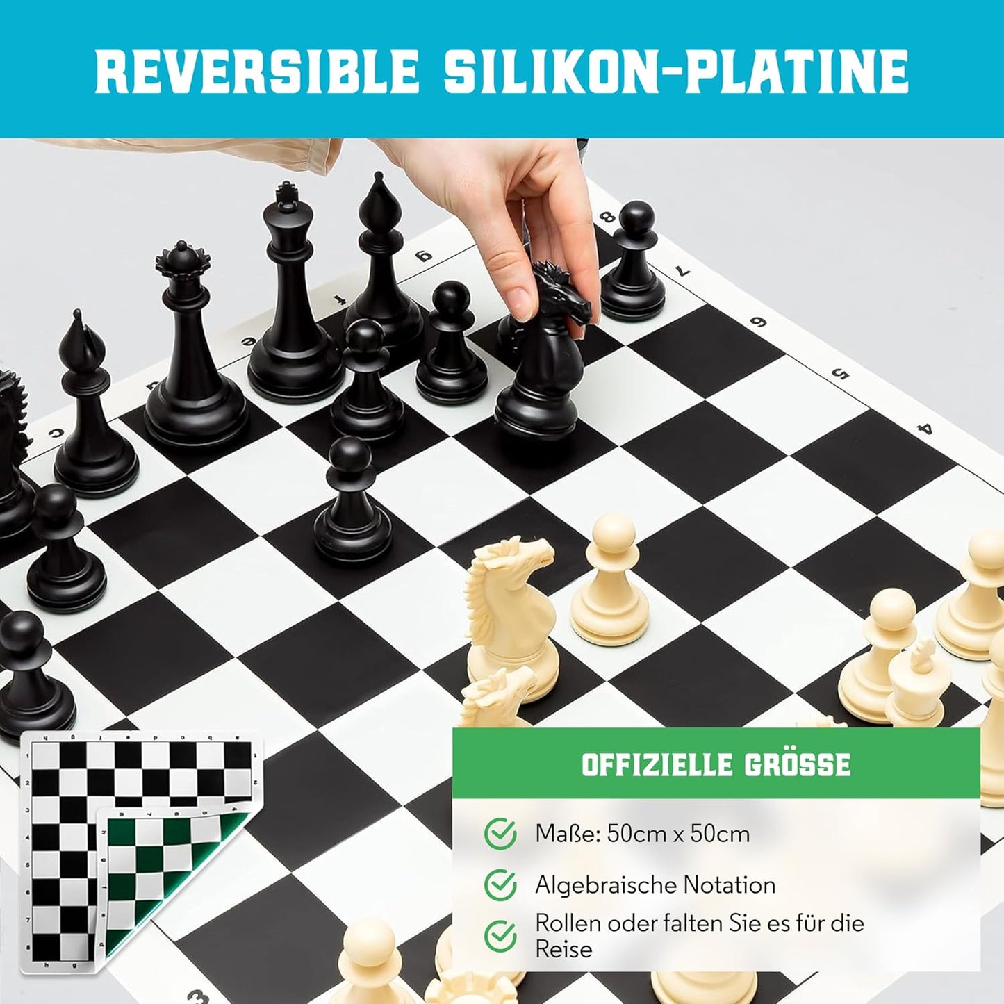 Grosses Schachspiel mit Silikonbrett (faltbar), 4x XL