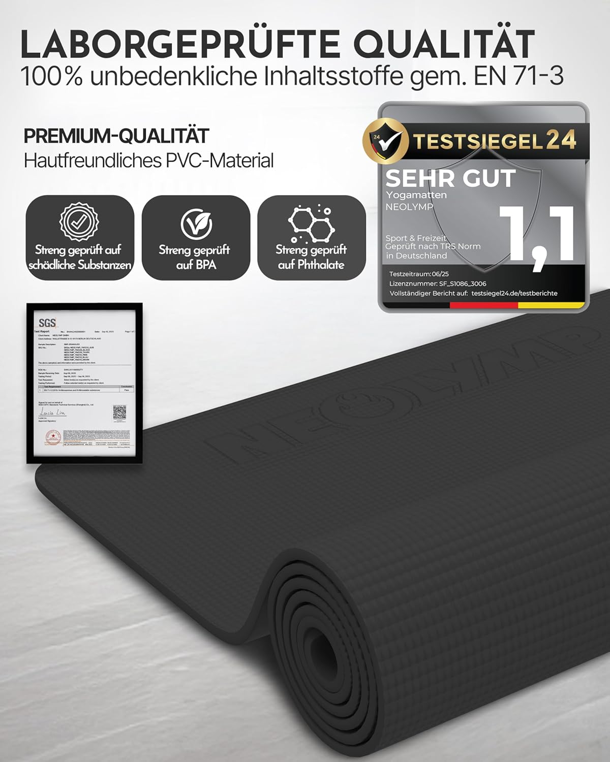 Yogamatte rutschfest & gelenkschonend 183x61cm, Anthrazit