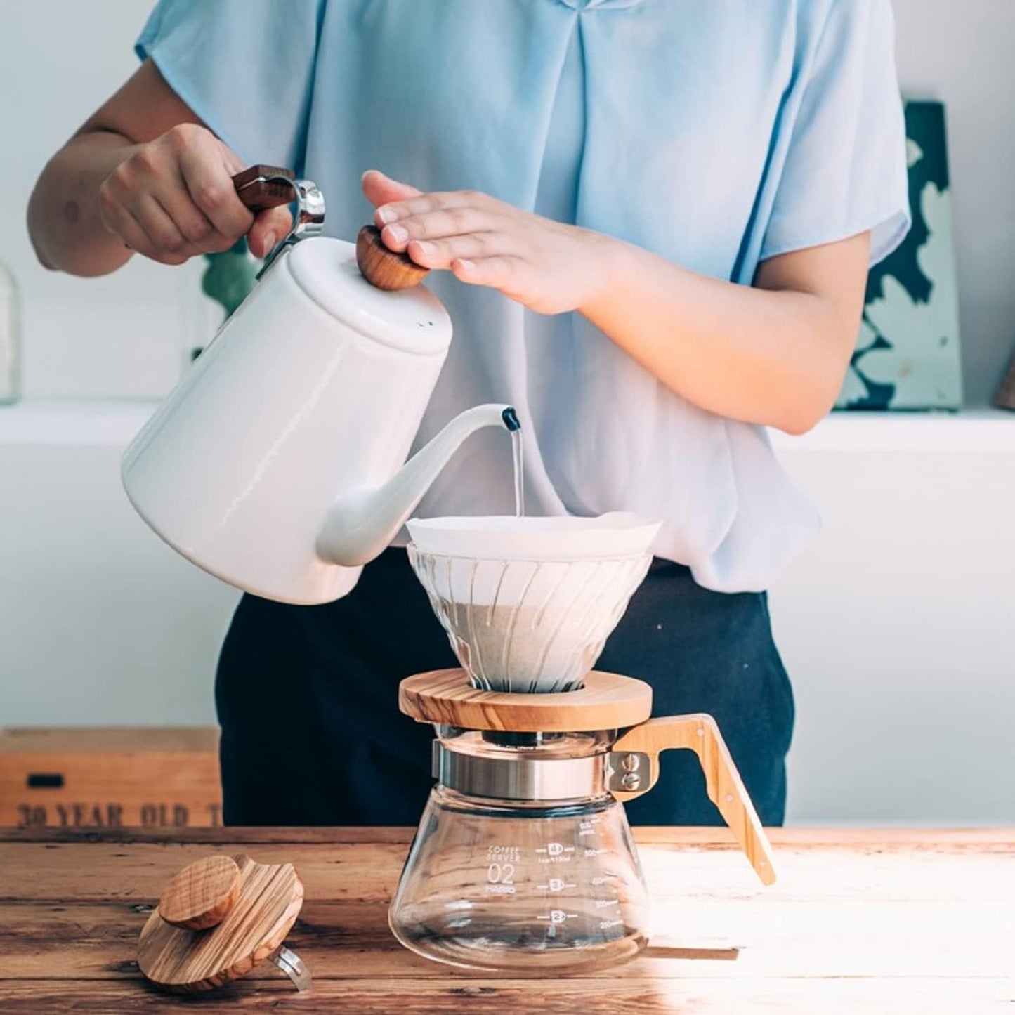 V60 Kaffeefilter, Olivenholz 01 Glas